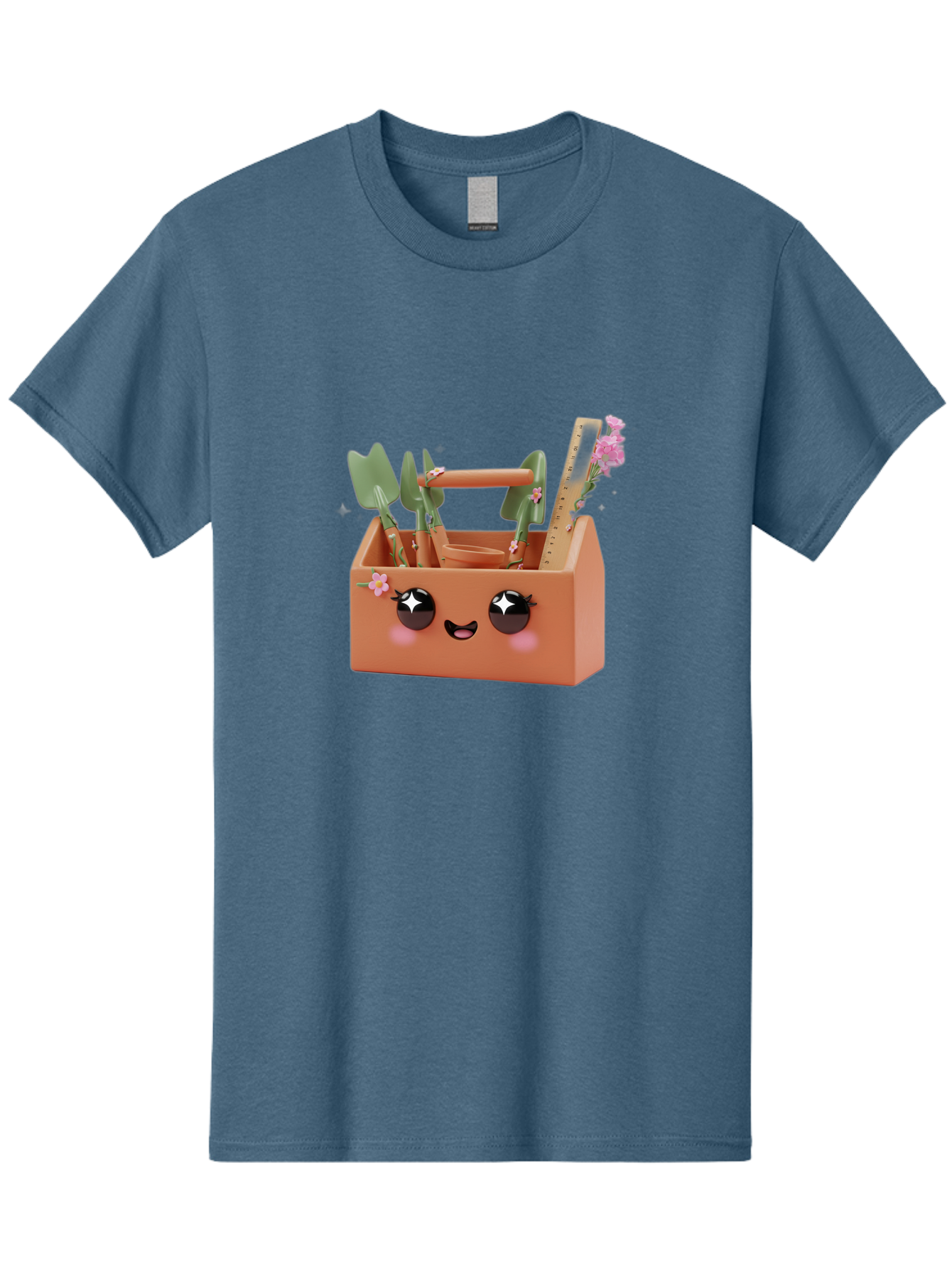 Gardening-Toolbox Men'S Graphic Tee, 100% Cotton, Comfortable Casual Summer Wear, Machine Washable, Gardening Tool Set, Adorable Storage Box, Cute Face Design, Gardening Tools, Flower Decorations, Small Plastic Shovel, Trowel, Rake, Bad118