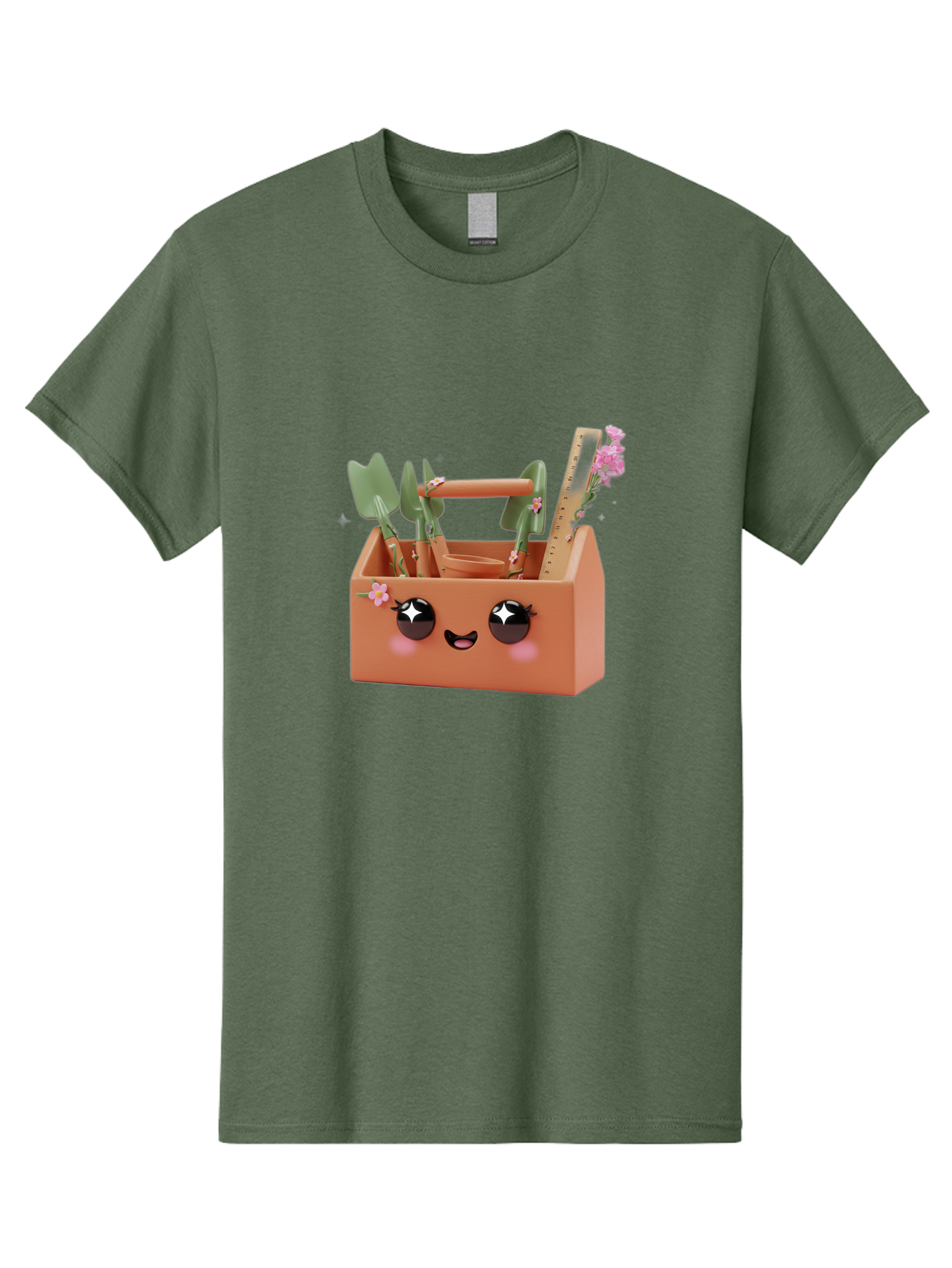 Gardening-Toolbox Men'S Graphic Tee, 100% Cotton, Comfortable Casual Summer Wear, Machine Washable, Gardening Tool Set, Adorable Storage Box, Cute Face Design, Gardening Tools, Flower Decorations, Small Plastic Shovel, Trowel, Rake, Bad118