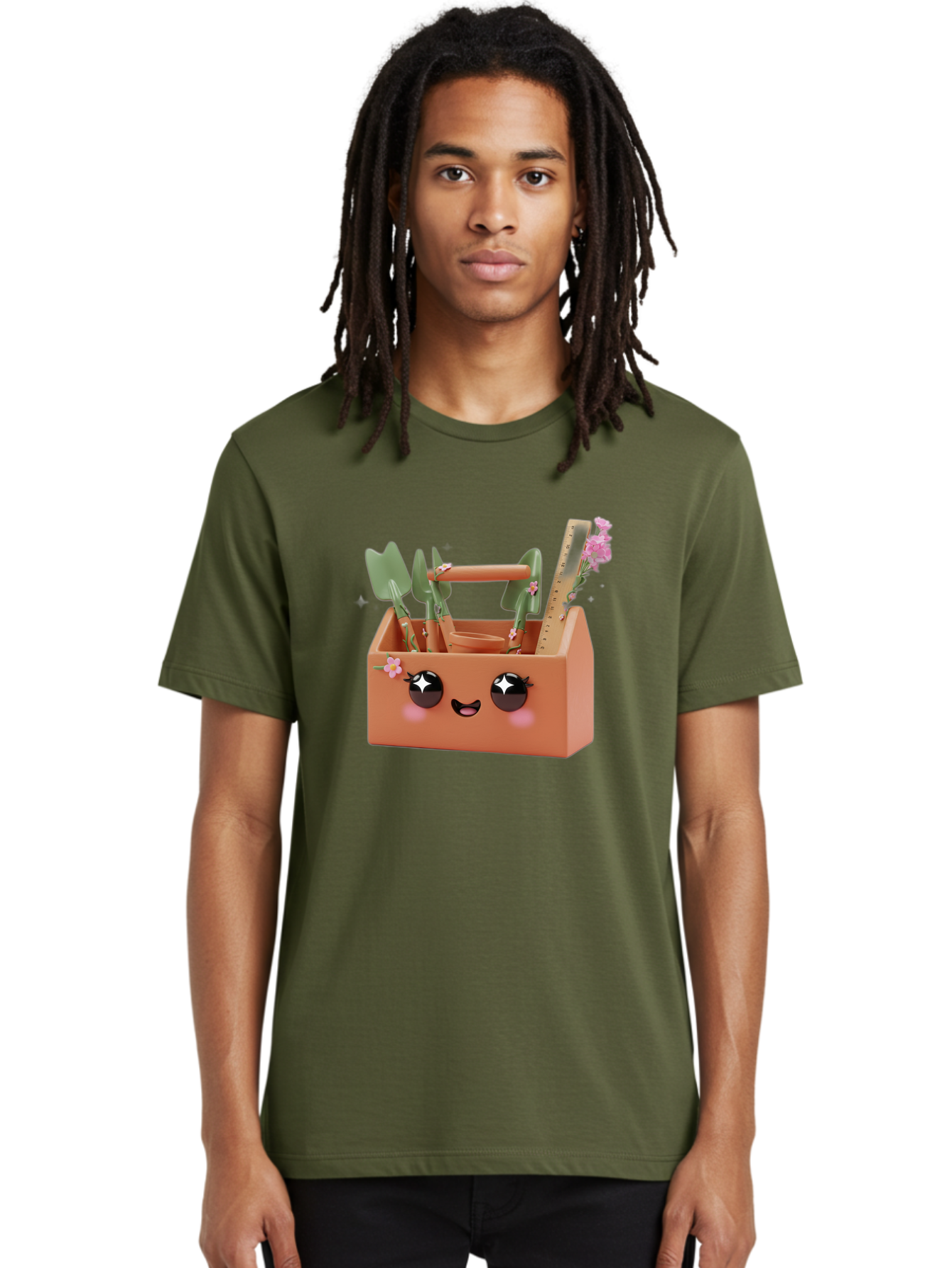 Gardening-Toolbox Men'S Graphic Tee, 100% Cotton, Comfortable Casual Summer Wear, Machine Washable, Gardening Tool Set, Adorable Storage Box, Cute Face Design, Gardening Tools, Flower Decorations, Small Plastic Shovel, Trowel, Rake, Bad118