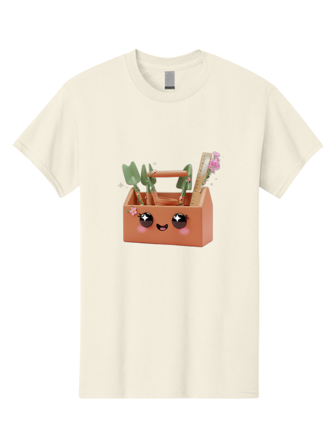 Gardening-Toolbox Men'S Graphic Tee, 100% Cotton, Comfortable Casual Summer Wear, Machine Washable, Gardening Tool Set, Adorable Storage Box, Cute Face Design, Gardening Tools, Flower Decorations, Small Plastic Shovel, Trowel, Rake, Bad118