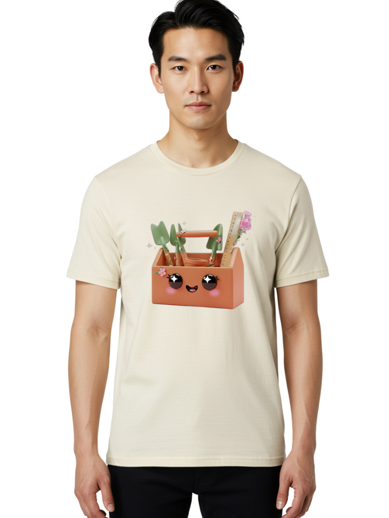 Gardening-Toolbox Men'S Graphic Tee, 100% Cotton, Comfortable Casual Summer Wear, Machine Washable, Gardening Tool Set, Adorable Storage Box, Cute Face Design, Gardening Tools, Flower Decorations, Small Plastic Shovel, Trowel, Rake, Bad118