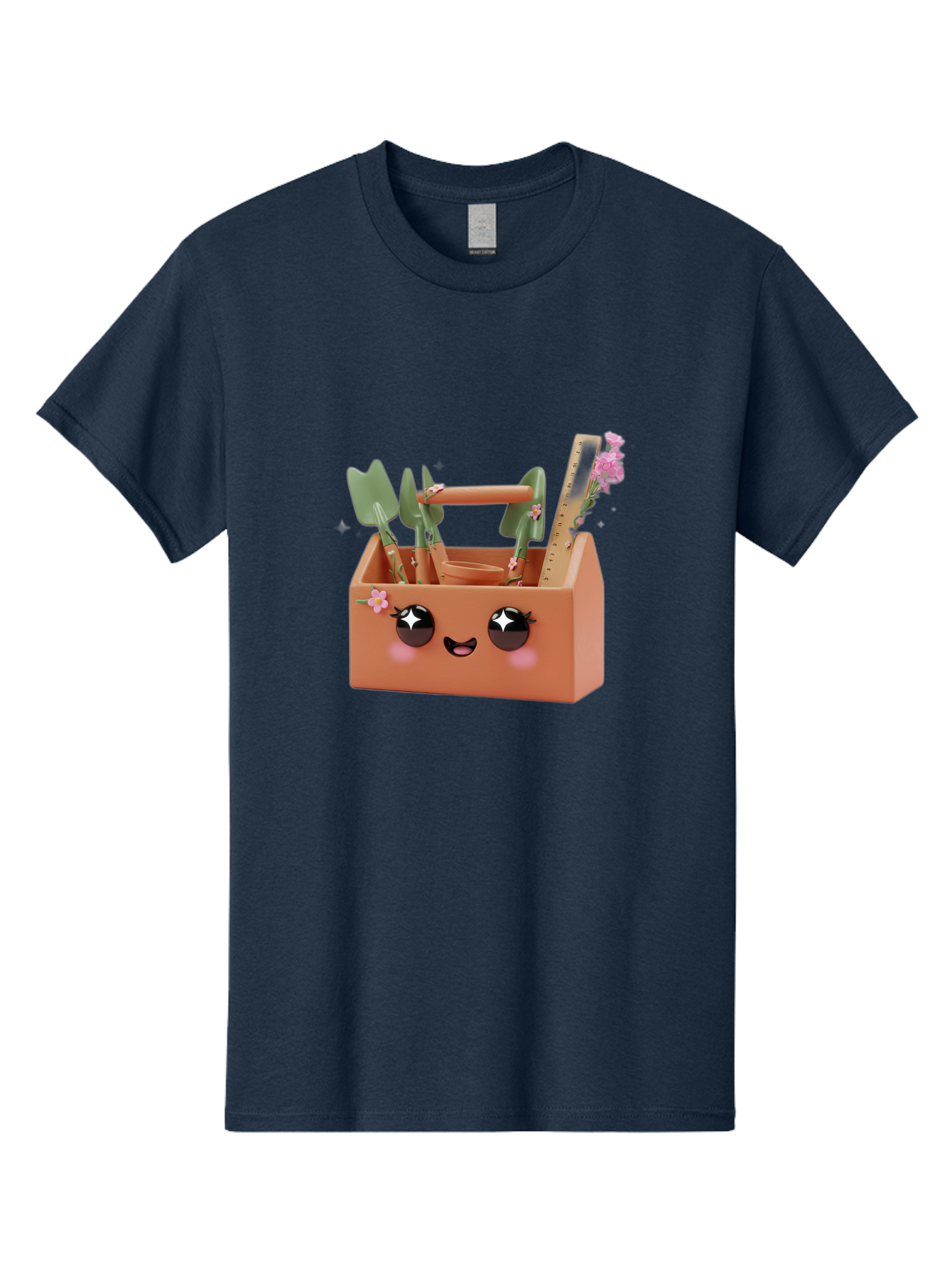 Gardening-Toolbox Men'S Graphic Tee, 100% Cotton, Comfortable Casual Summer Wear, Machine Washable, Gardening Tool Set, Adorable Storage Box, Cute Face Design, Gardening Tools, Flower Decorations, Small Plastic Shovel, Trowel, Rake, Bad118