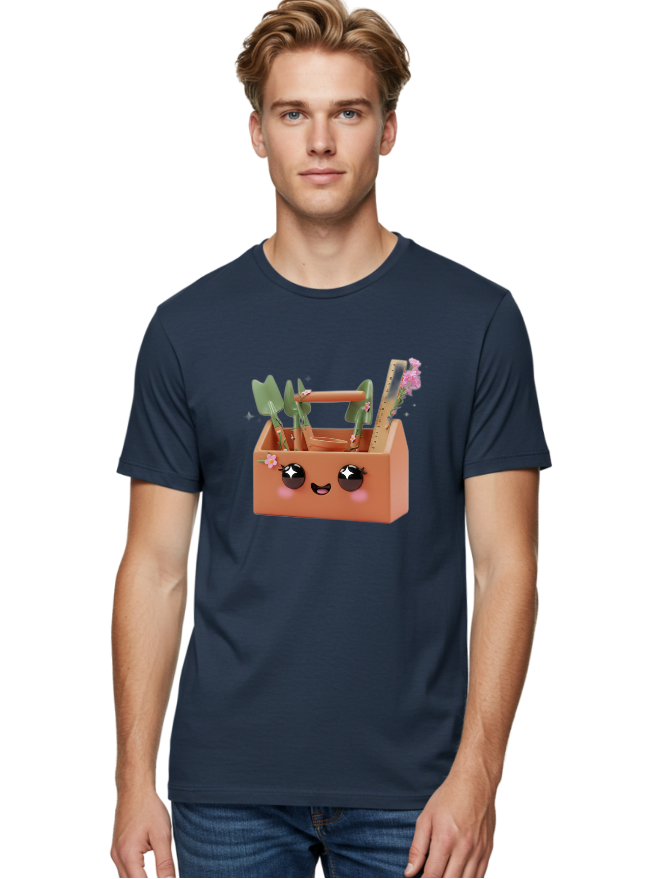 Gardening-Toolbox Men'S Graphic Tee, 100% Cotton, Comfortable Casual Summer Wear, Machine Washable, Gardening Tool Set, Adorable Storage Box, Cute Face Design, Gardening Tools, Flower Decorations, Small Plastic Shovel, Trowel, Rake, Bad118