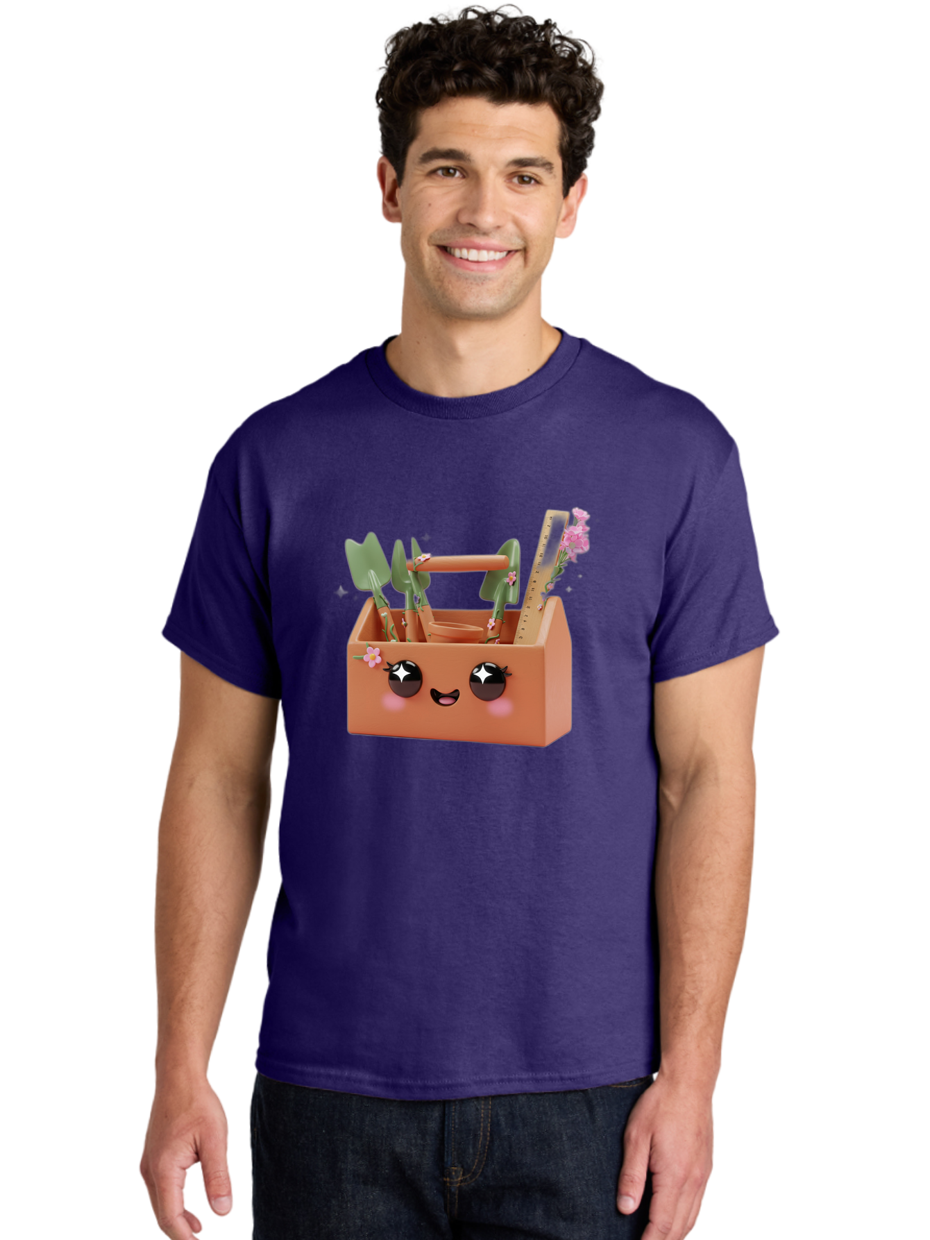 Gardening-Toolbox Men'S Graphic Tee, 100% Cotton, Comfortable Casual Summer Wear, Machine Washable, Gardening Tool Set, Adorable Storage Box, Cute Face Design, Gardening Tools, Flower Decorations, Small Plastic Shovel, Trowel, Rake, Bad118