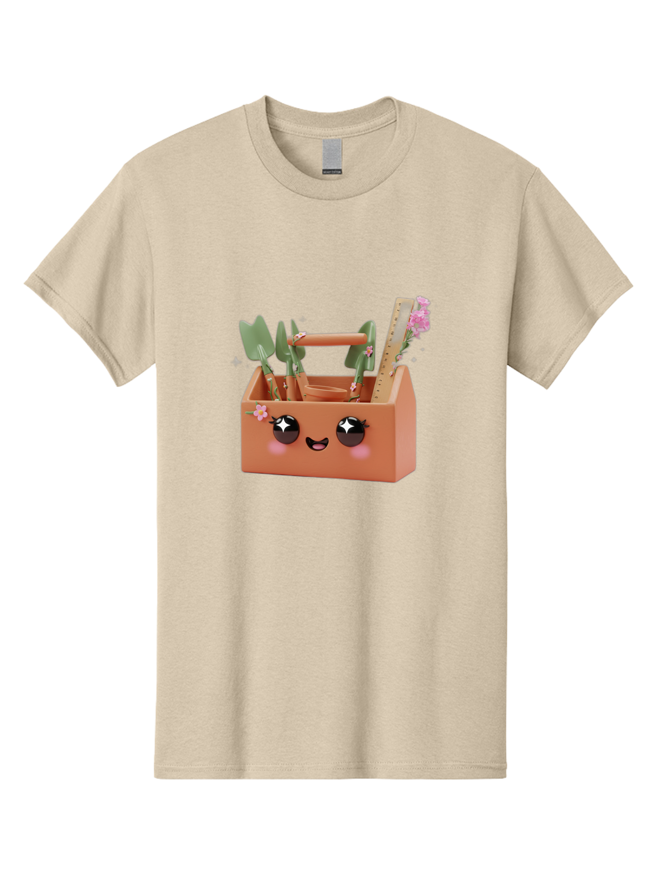 Gardening-Toolbox Men'S Graphic Tee, 100% Cotton, Comfortable Casual Summer Wear, Machine Washable, Gardening Tool Set, Adorable Storage Box, Cute Face Design, Gardening Tools, Flower Decorations, Small Plastic Shovel, Trowel, Rake, Bad118