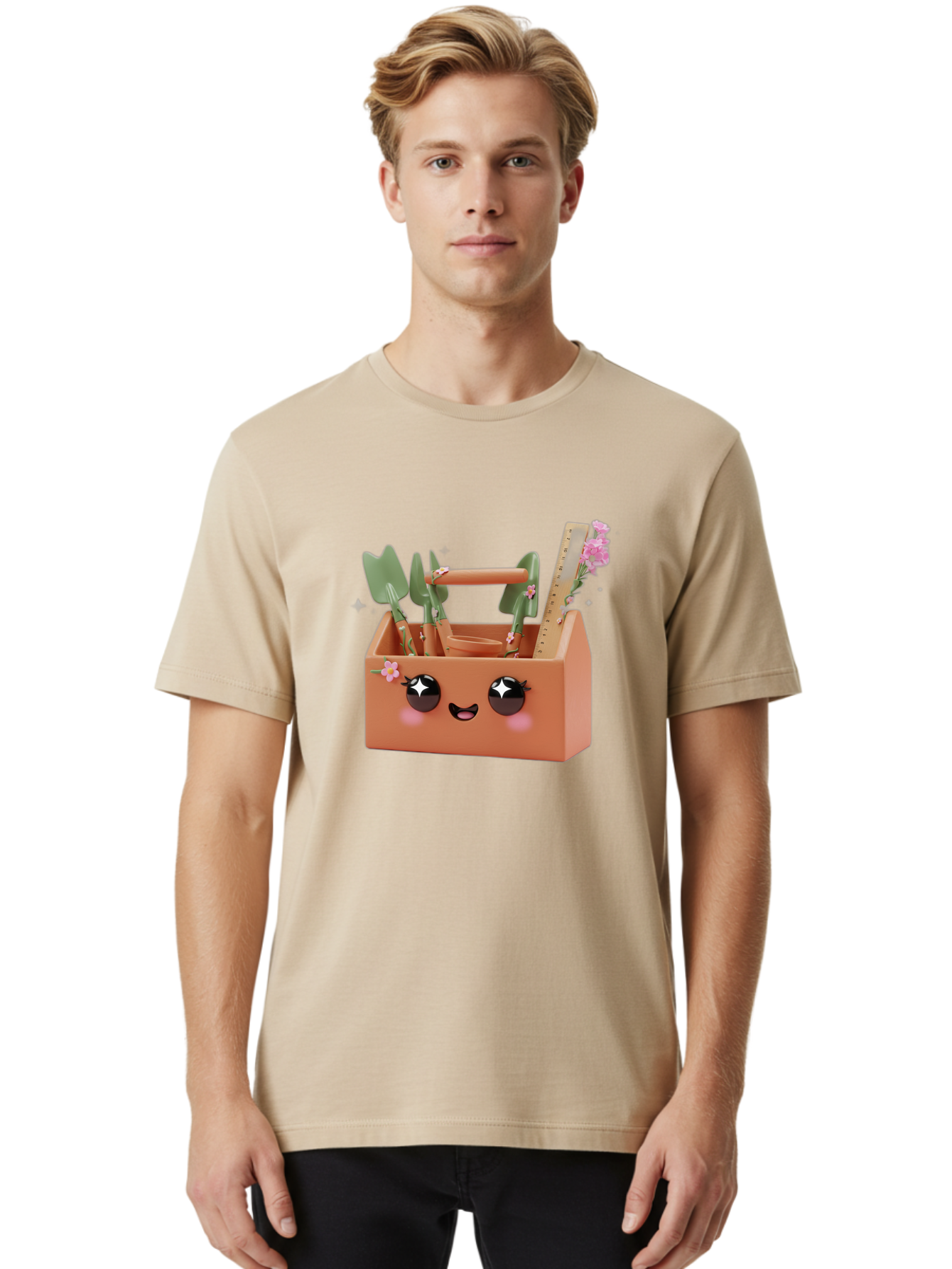 Gardening-Toolbox Men'S Graphic Tee, 100% Cotton, Comfortable Casual Summer Wear, Machine Washable, Gardening Tool Set, Adorable Storage Box, Cute Face Design, Gardening Tools, Flower Decorations, Small Plastic Shovel, Trowel, Rake, Bad118