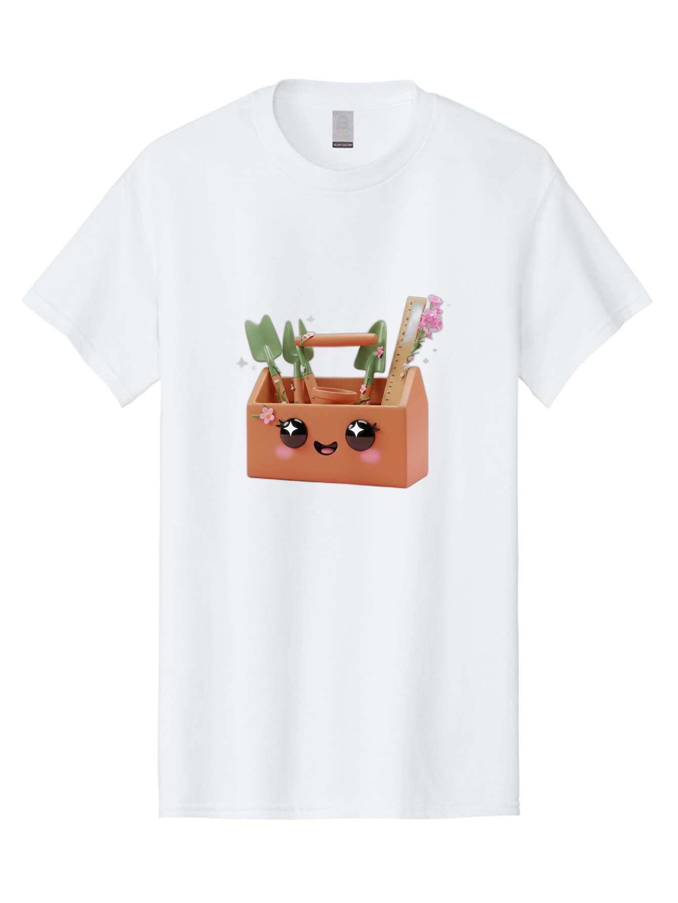 Gardening-Toolbox Men'S Graphic Tee, 100% Cotton, Comfortable Casual Summer Wear, Machine Washable, Gardening Tool Set, Adorable Storage Box, Cute Face Design, Gardening Tools, Flower Decorations, Small Plastic Shovel, Trowel, Rake, Bad118