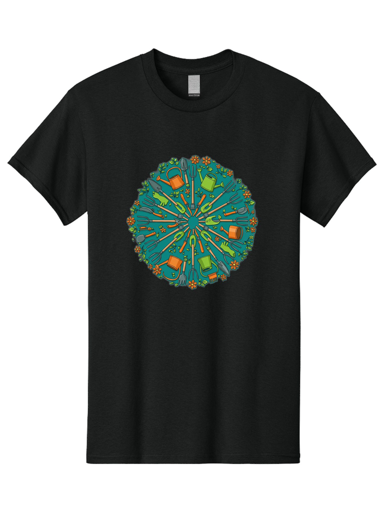 Gardening-Tools-Mandala Men'S Graphic Tee, 100% Cotton, Comfortable Casual Summer Wear, Machine Washable, Gardening Tools, Gardening Equipment, Watering Cans, Rakes, Shovels, Trowels, Gloves, Flower Arrangements, Garden Decor, Bad119