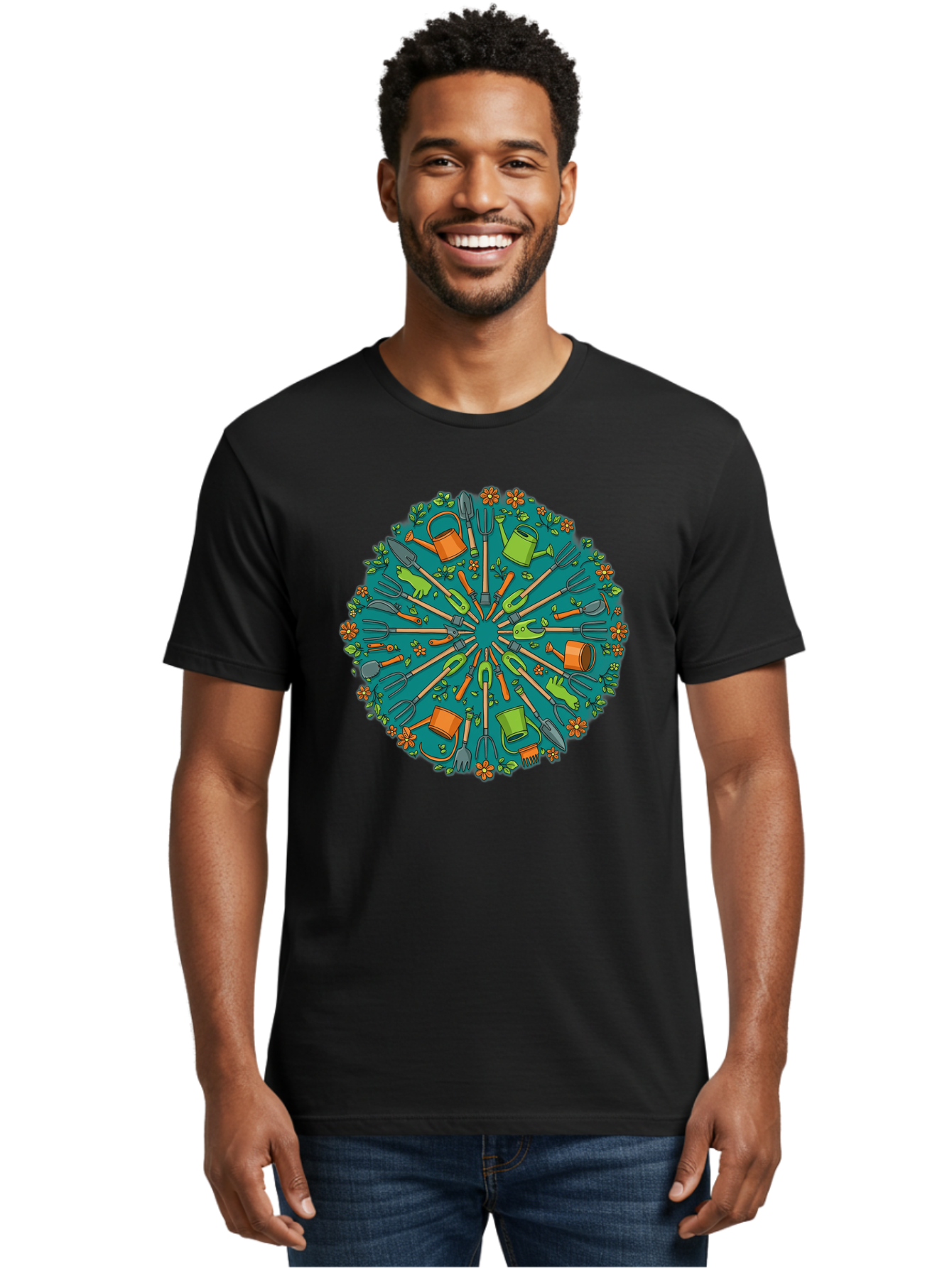 Gardening-Tools-Mandala Men'S Graphic Tee, 100% Cotton, Comfortable Casual Summer Wear, Machine Washable, Gardening Tools, Gardening Equipment, Watering Cans, Rakes, Shovels, Trowels, Gloves, Flower Arrangements, Garden Decor, Bad119