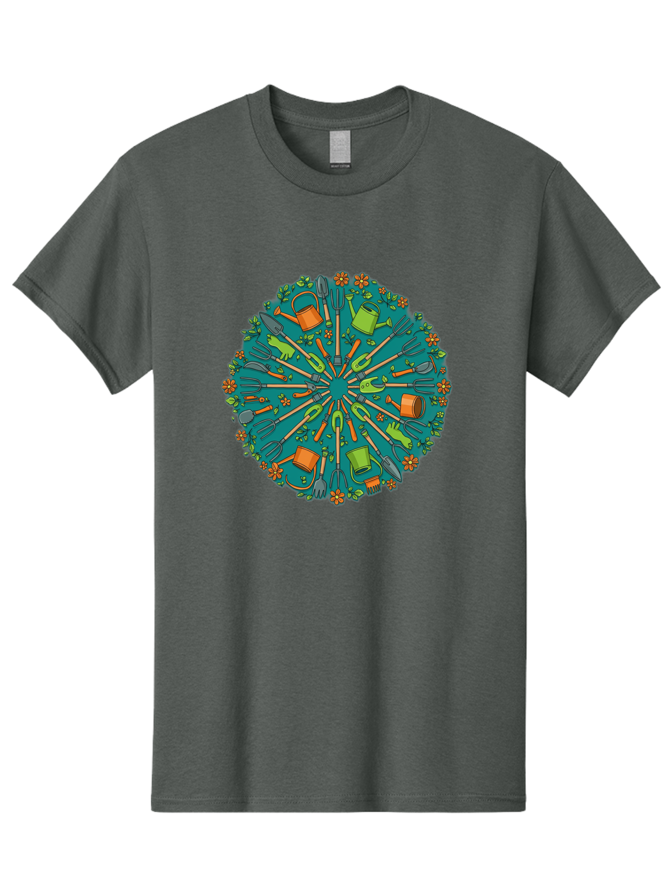 Gardening-Tools-Mandala Men'S Graphic Tee, 100% Cotton, Comfortable Casual Summer Wear, Machine Washable, Gardening Tools, Gardening Equipment, Watering Cans, Rakes, Shovels, Trowels, Gloves, Flower Arrangements, Garden Decor, Bad119