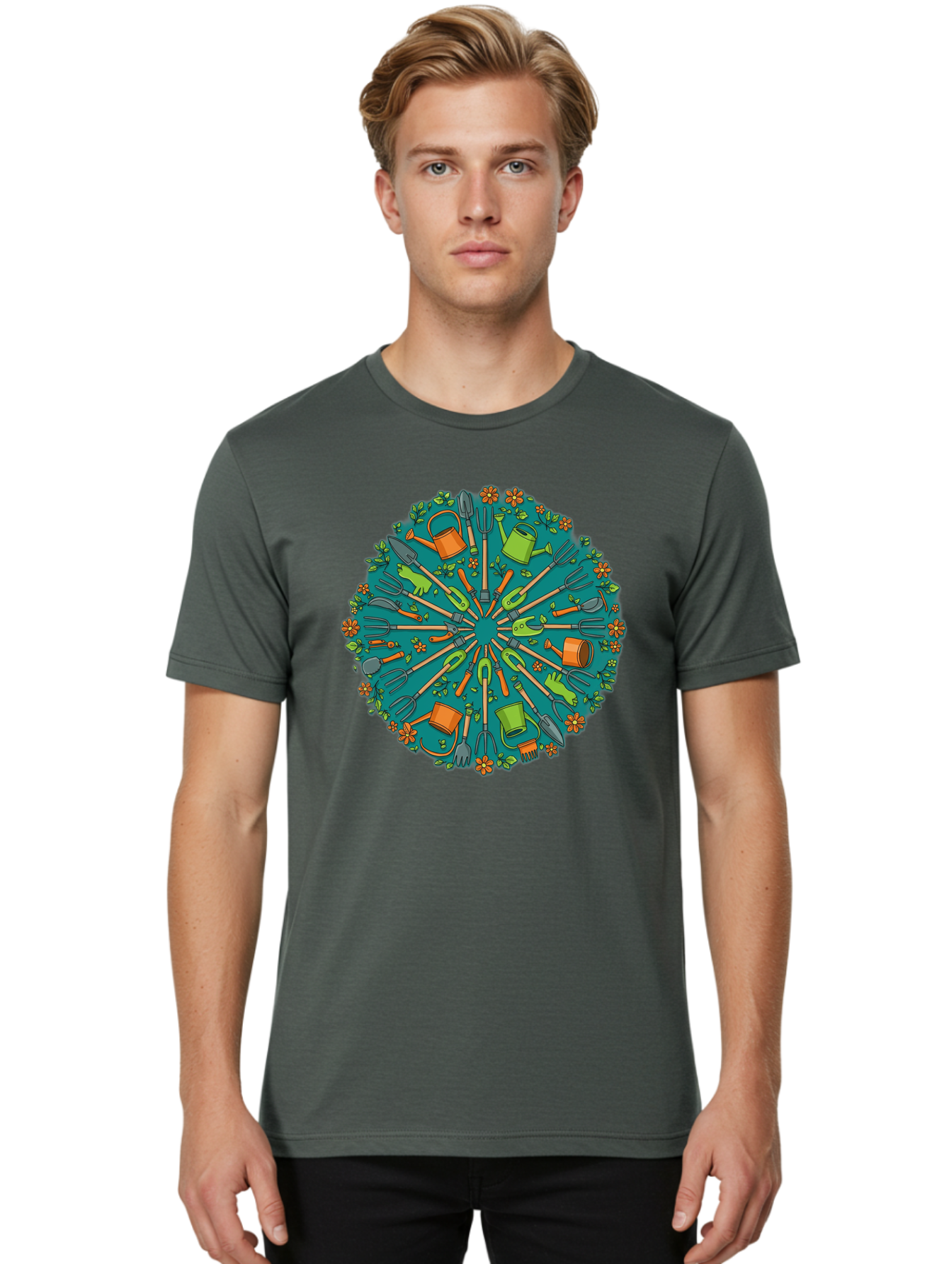 Gardening-Tools-Mandala Men'S Graphic Tee, 100% Cotton, Comfortable Casual Summer Wear, Machine Washable, Gardening Tools, Gardening Equipment, Watering Cans, Rakes, Shovels, Trowels, Gloves, Flower Arrangements, Garden Decor, Bad119