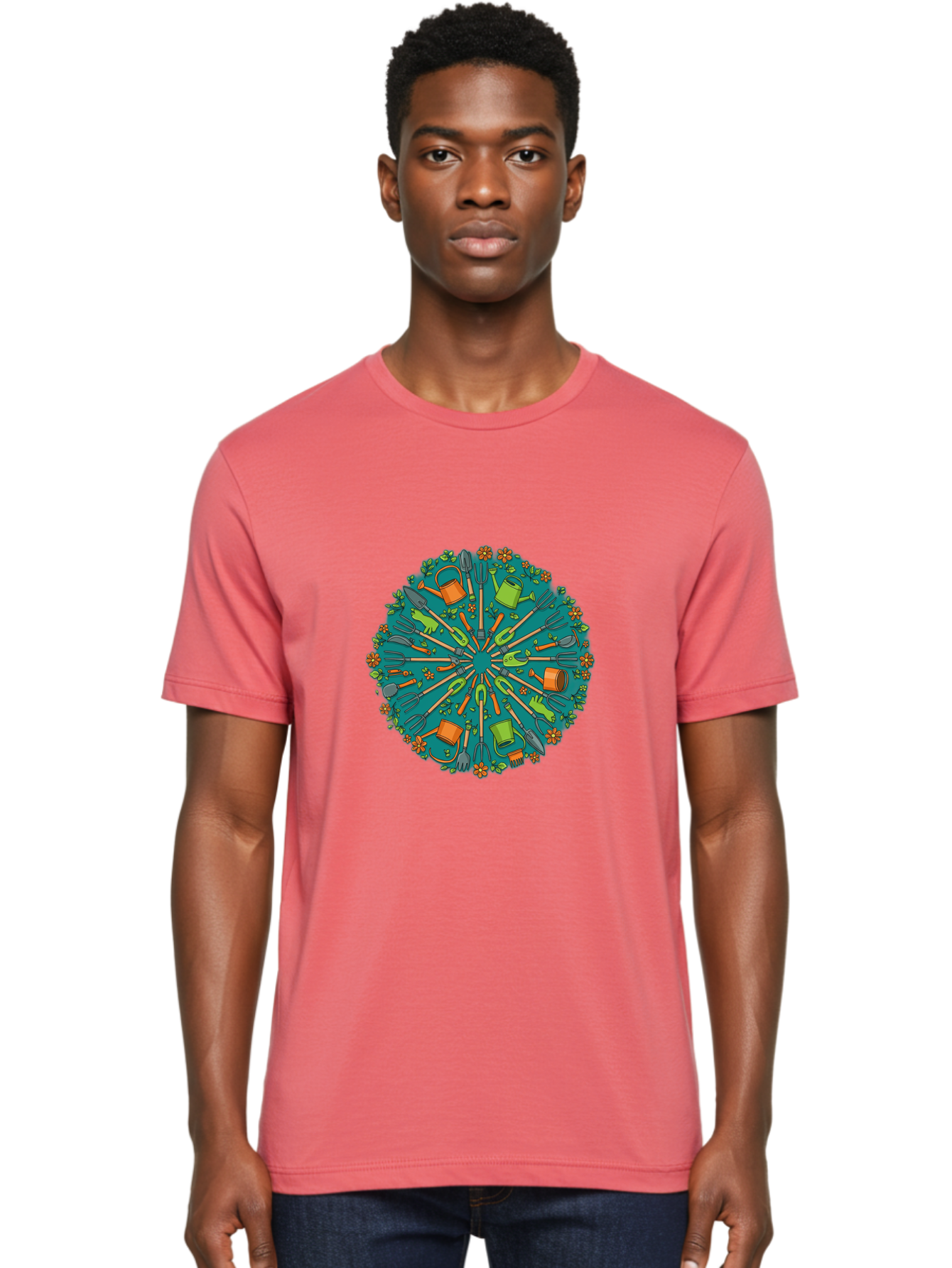 Gardening-Tools-Mandala Men'S Graphic Tee, 100% Cotton, Comfortable Casual Summer Wear, Machine Washable, Gardening Tools, Gardening Equipment, Watering Cans, Rakes, Shovels, Trowels, Gloves, Flower Arrangements, Garden Decor, Bad119