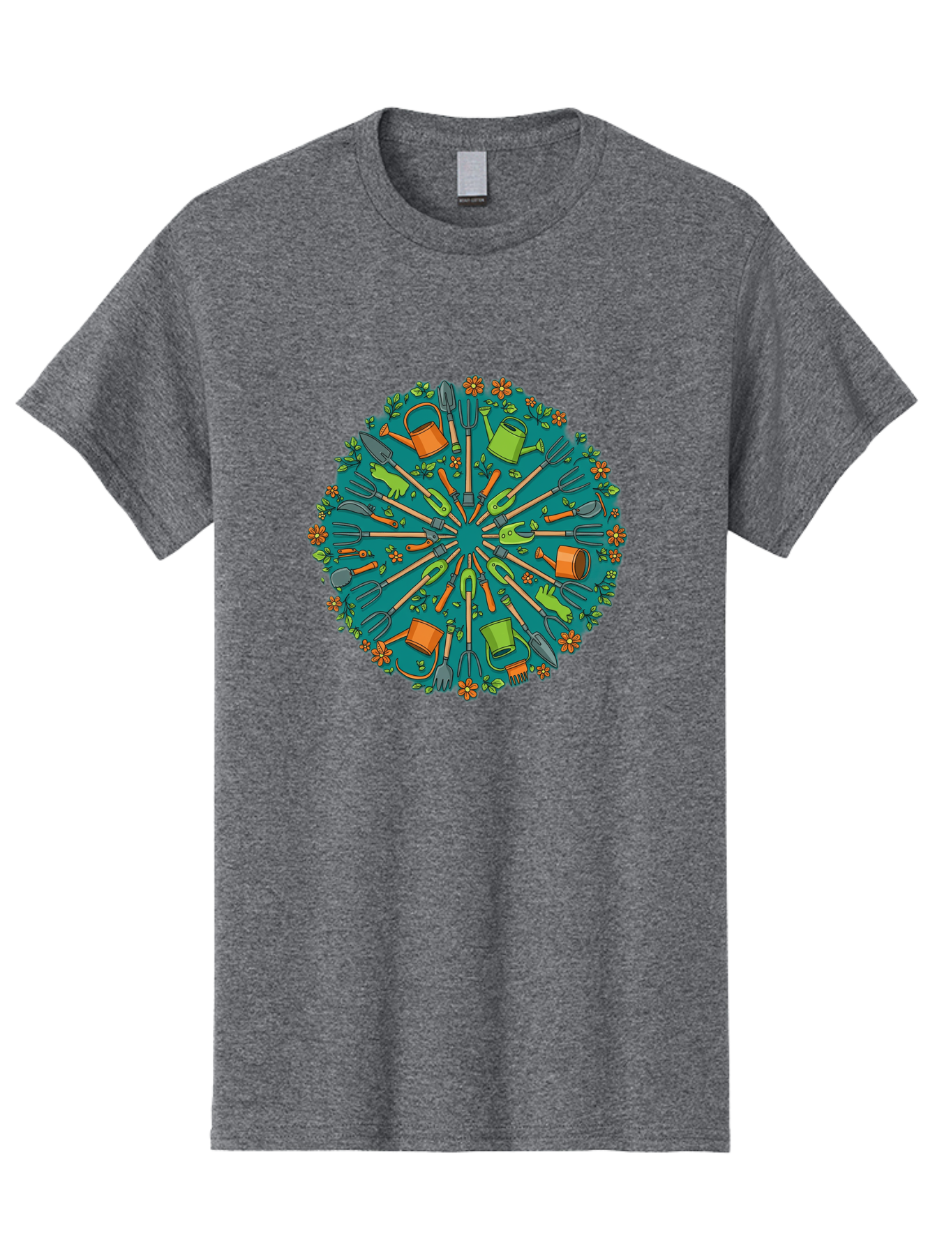 Gardening-Tools-Mandala Men'S Graphic Tee, 100% Cotton, Comfortable Casual Summer Wear, Machine Washable, Gardening Tools, Gardening Equipment, Watering Cans, Rakes, Shovels, Trowels, Gloves, Flower Arrangements, Garden Decor, Bad119