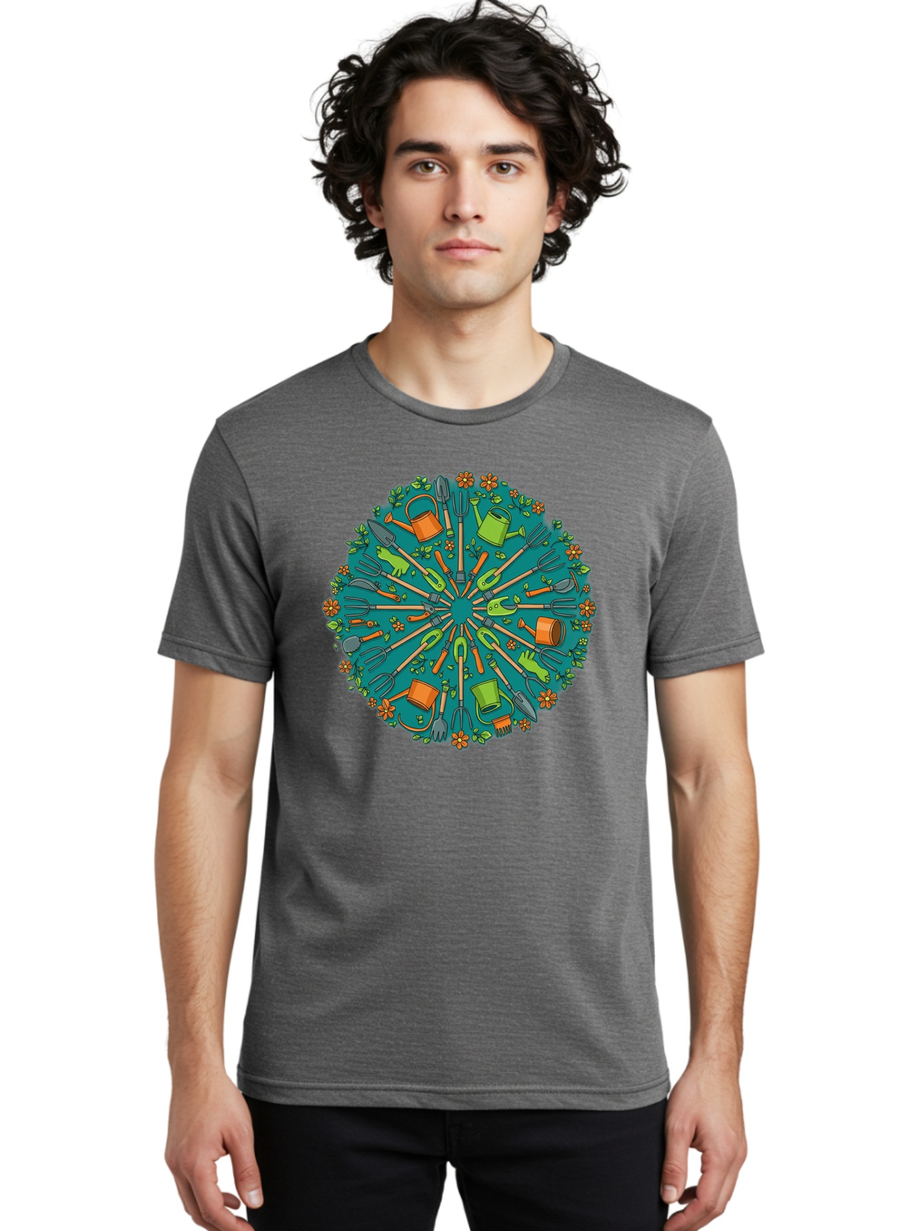 Gardening-Tools-Mandala Men'S Graphic Tee, 100% Cotton, Comfortable Casual Summer Wear, Machine Washable, Gardening Tools, Gardening Equipment, Watering Cans, Rakes, Shovels, Trowels, Gloves, Flower Arrangements, Garden Decor, Bad119