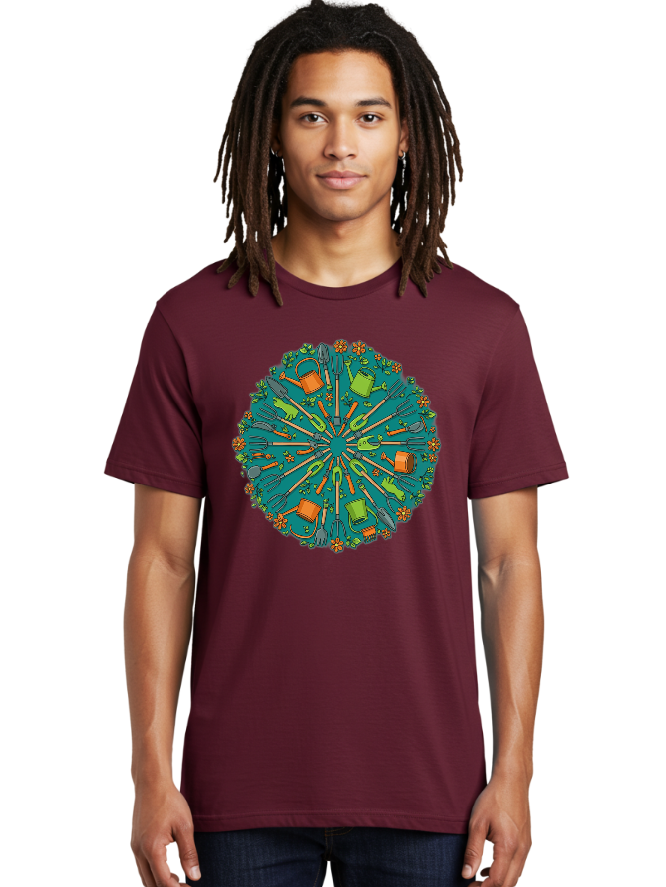 Gardening-Tools-Mandala Men'S Graphic Tee, 100% Cotton, Comfortable Casual Summer Wear, Machine Washable, Gardening Tools, Gardening Equipment, Watering Cans, Rakes, Shovels, Trowels, Gloves, Flower Arrangements, Garden Decor, Bad119