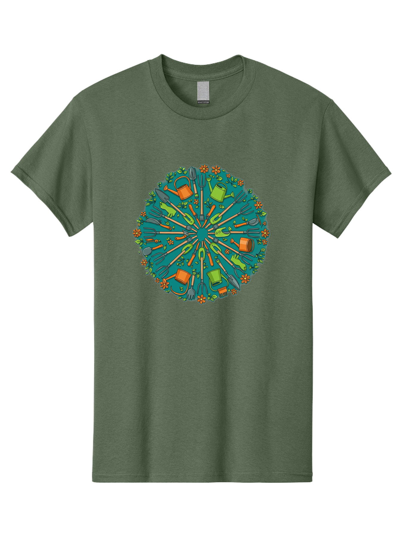Gardening-Tools-Mandala Men'S Graphic Tee, 100% Cotton, Comfortable Casual Summer Wear, Machine Washable, Gardening Tools, Gardening Equipment, Watering Cans, Rakes, Shovels, Trowels, Gloves, Flower Arrangements, Garden Decor, Bad119