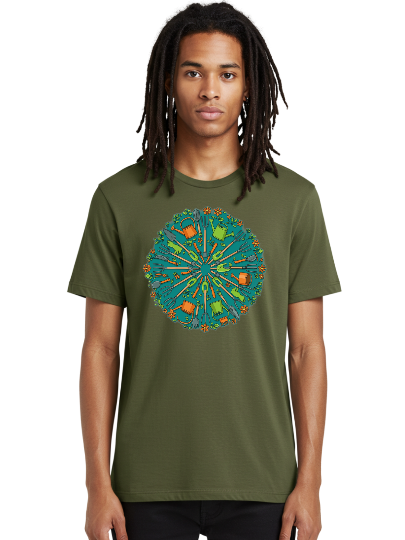 Gardening-Tools-Mandala Men'S Graphic Tee, 100% Cotton, Comfortable Casual Summer Wear, Machine Washable, Gardening Tools, Gardening Equipment, Watering Cans, Rakes, Shovels, Trowels, Gloves, Flower Arrangements, Garden Decor, Bad119