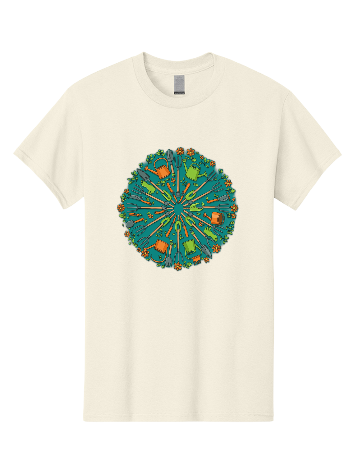 Gardening-Tools-Mandala Men'S Graphic Tee, 100% Cotton, Comfortable Casual Summer Wear, Machine Washable, Gardening Tools, Gardening Equipment, Watering Cans, Rakes, Shovels, Trowels, Gloves, Flower Arrangements, Garden Decor, Bad119