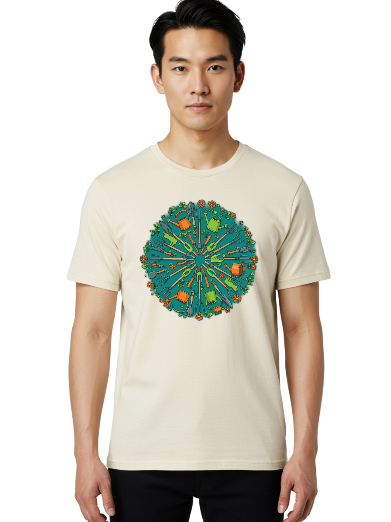 Gardening-Tools-Mandala Men'S Graphic Tee, 100% Cotton, Comfortable Casual Summer Wear, Machine Washable, Gardening Tools, Gardening Equipment, Watering Cans, Rakes, Shovels, Trowels, Gloves, Flower Arrangements, Garden Decor, Bad119
