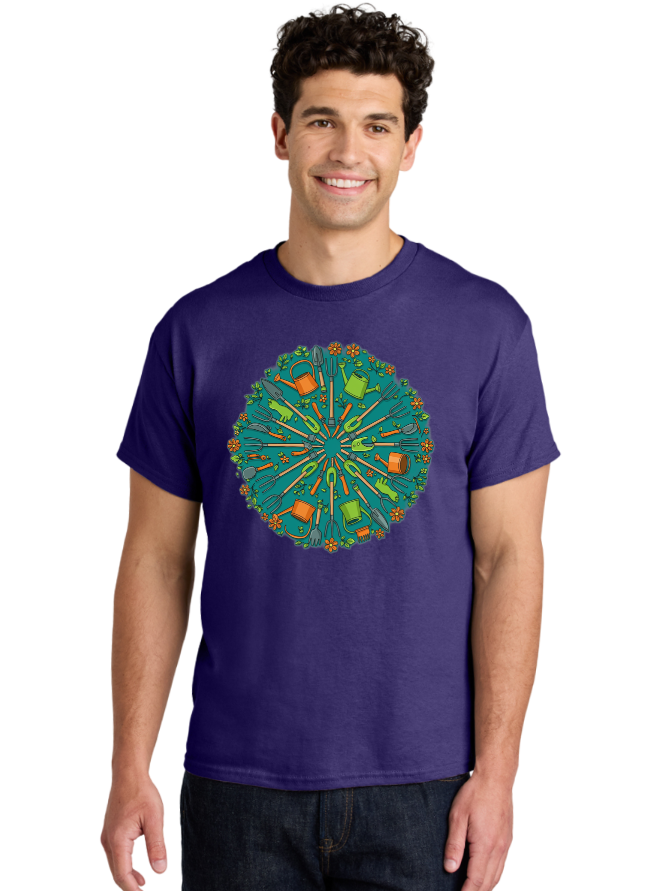Gardening-Tools-Mandala Men'S Graphic Tee, 100% Cotton, Comfortable Casual Summer Wear, Machine Washable, Gardening Tools, Gardening Equipment, Watering Cans, Rakes, Shovels, Trowels, Gloves, Flower Arrangements, Garden Decor, Bad119