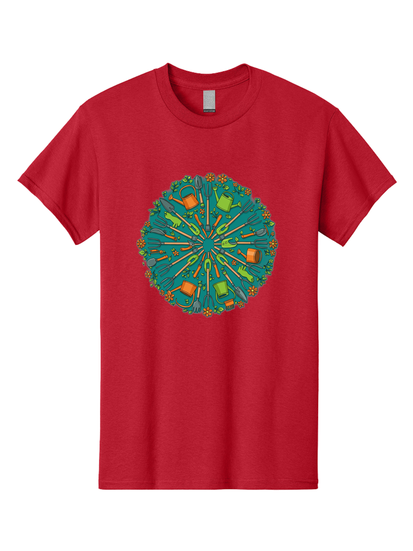 Gardening-Tools-Mandala Men'S Graphic Tee, 100% Cotton, Comfortable Casual Summer Wear, Machine Washable, Gardening Tools, Gardening Equipment, Watering Cans, Rakes, Shovels, Trowels, Gloves, Flower Arrangements, Garden Decor, Bad119