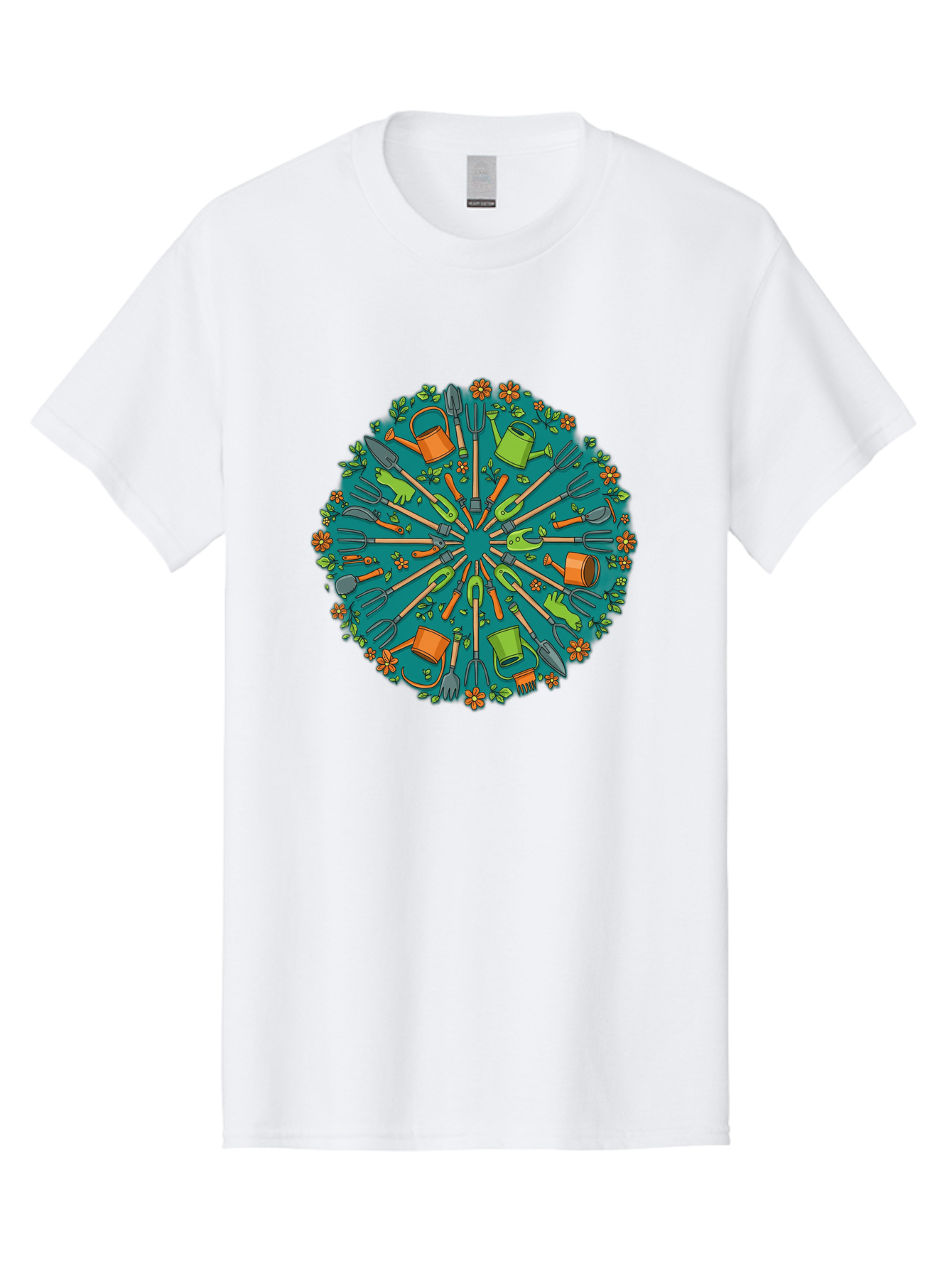 Gardening-Tools-Mandala Men'S Graphic Tee, 100% Cotton, Comfortable Casual Summer Wear, Machine Washable, Gardening Tools, Gardening Equipment, Watering Cans, Rakes, Shovels, Trowels, Gloves, Flower Arrangements, Garden Decor, Bad119