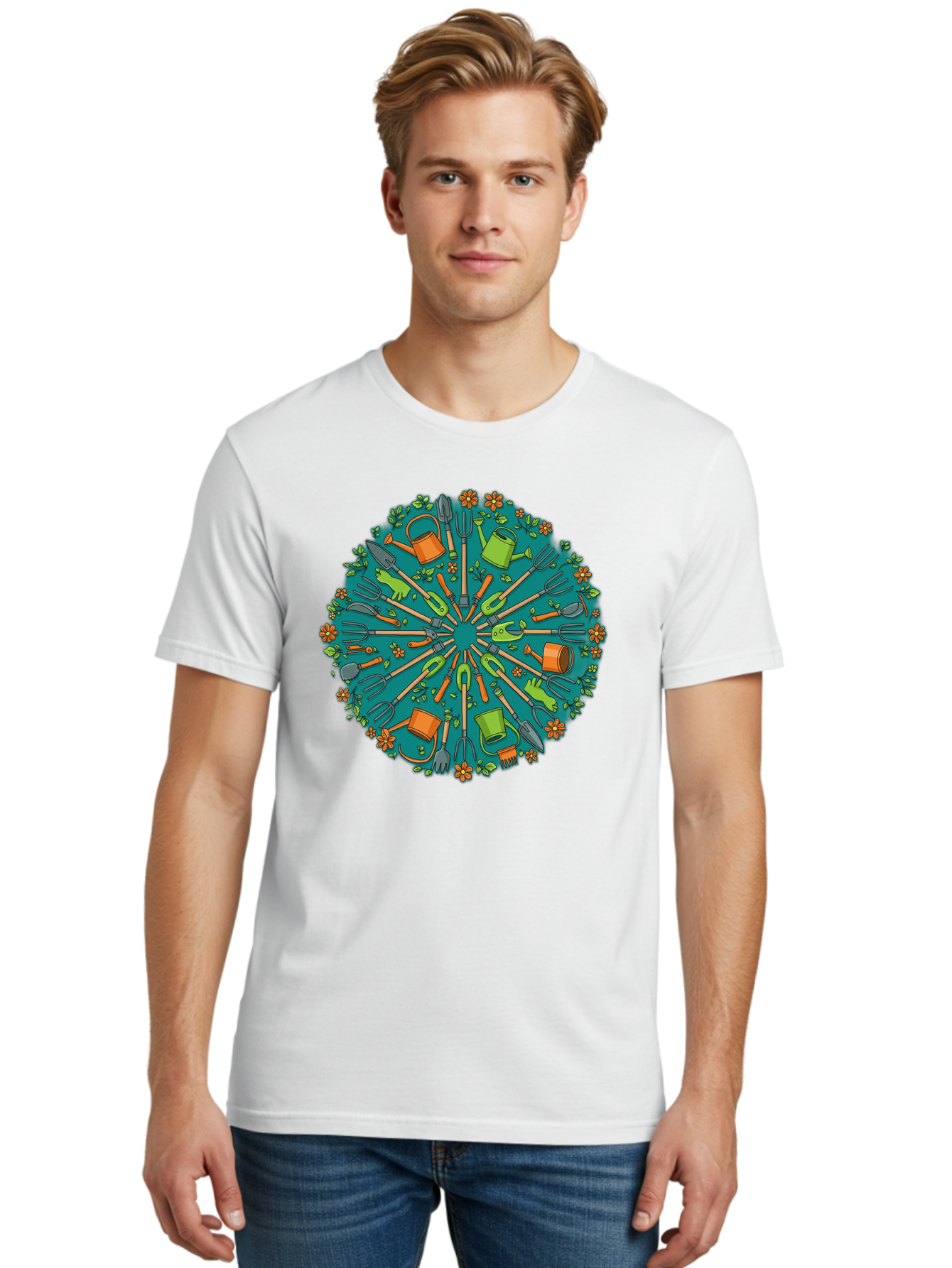 Gardening-Tools-Mandala Men'S Graphic Tee, 100% Cotton, Comfortable Casual Summer Wear, Machine Washable, Gardening Tools, Gardening Equipment, Watering Cans, Rakes, Shovels, Trowels, Gloves, Flower Arrangements, Garden Decor, Bad119