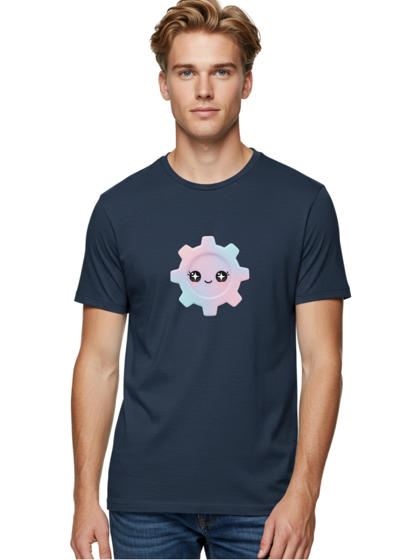 Gear-1 Men'S Graphic Tee, 100% Cotton, Comfortable Casual Summer Wear, Machine Washable, Gear With Cute Face, Pastel Colors, Kawaii Aesthetic, Whimsical Design, Cartoon Gear, Sparkle Eyes, Rosy Cheeks, Cute Machinery, Fun Design Elements, Bad120