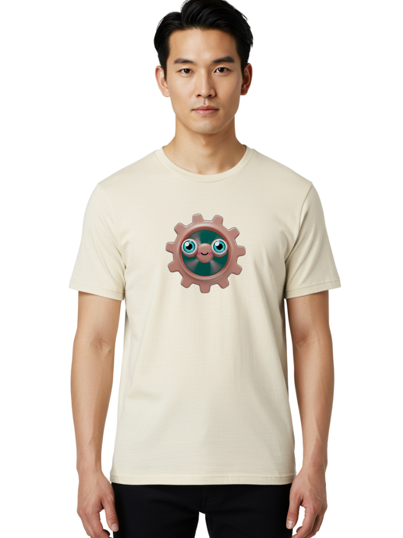 Gear-2 Men'S Graphic Tee, 100% Cotton, Comfortable Casual Summer Wear, Machine Washable, Cartoon Gear, Pink Cog, Blue Eyes, Smiling Face, Machinery Character, Cute Robot, Animated Machinery, Robotic Parts, Mechanical Icon Bad121