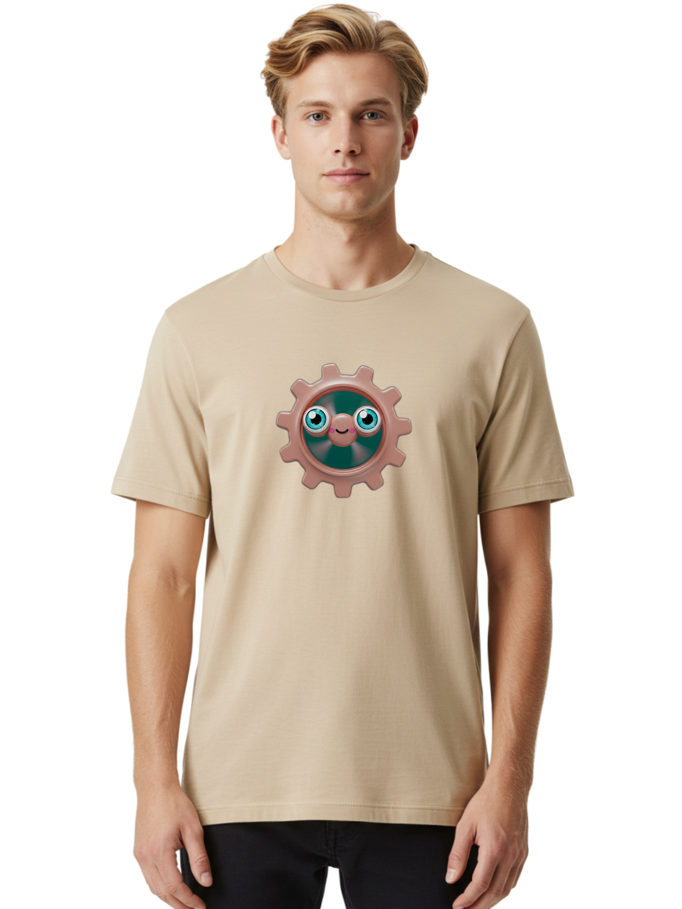 Gear-2 Men'S Graphic Tee, 100% Cotton, Comfortable Casual Summer Wear, Machine Washable, Cartoon Gear, Pink Cog, Blue Eyes, Smiling Face, Machinery Character, Cute Robot, Animated Machinery, Robotic Parts, Mechanical Icon Bad121