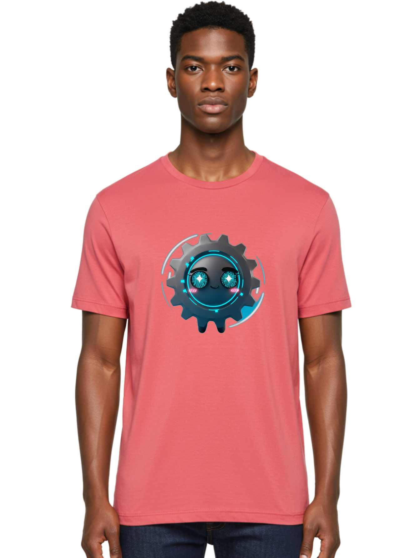 Gear-Character Men'S Graphic Tee, 100% Cotton, Comfortable Casual Summer Wear, Machine Washable, Futuristic Gear, Robotic Character, Mechanical Eyes, Neon Lights, Cybernetic Design, Futuristic Technology, Innovation, Artificial Intelligence, Bad122