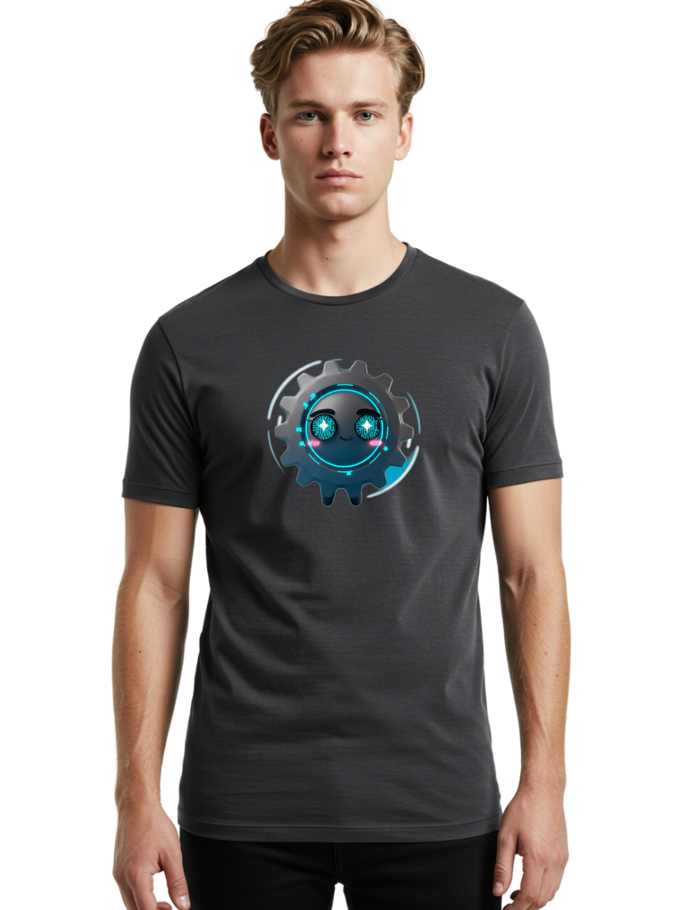 Gear-Character Men'S Graphic Tee, 100% Cotton, Comfortable Casual Summer Wear, Machine Washable, Futuristic Gear, Robotic Character, Mechanical Eyes, Neon Lights, Cybernetic Design, Futuristic Technology, Innovation, Artificial Intelligence, Bad122