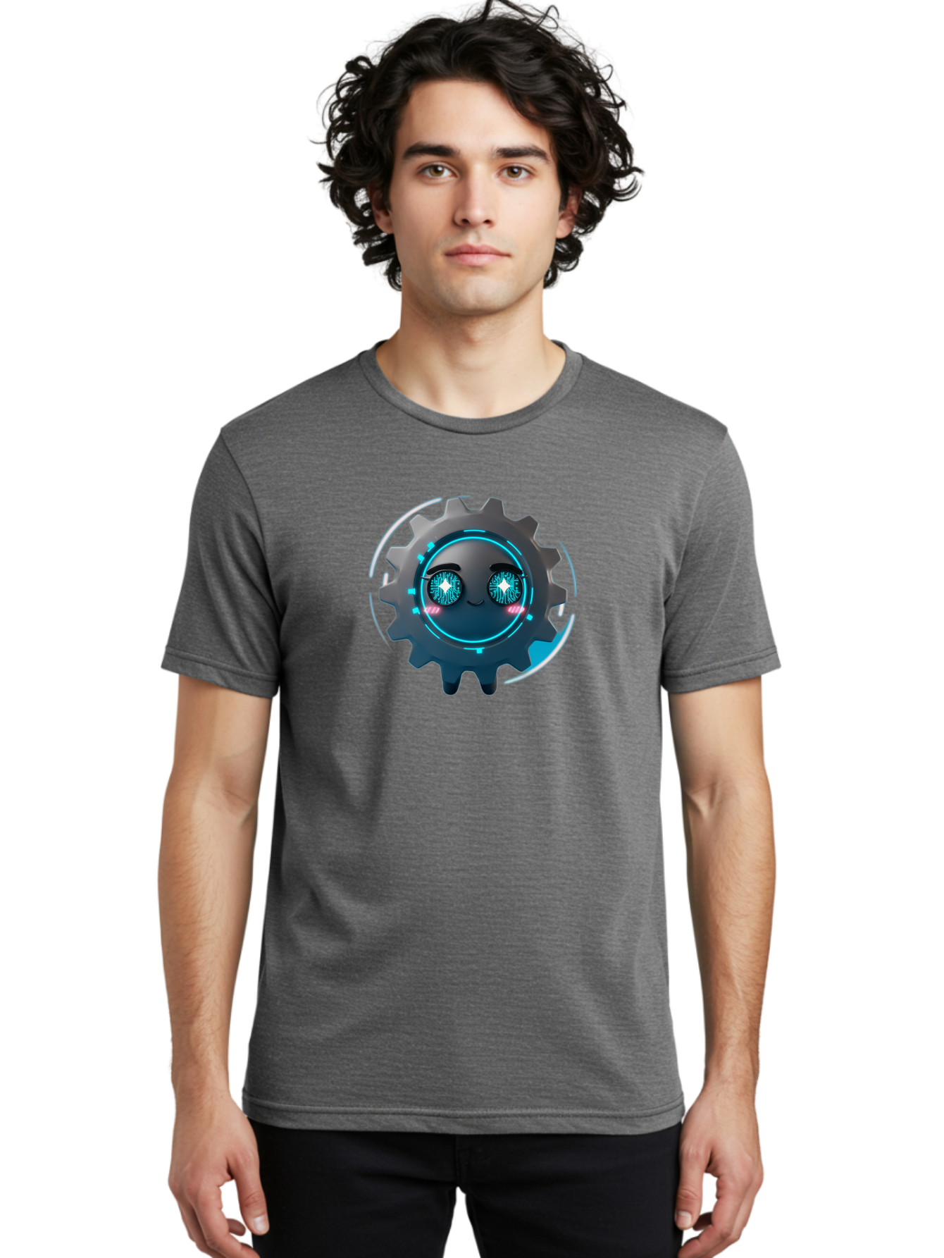 Gear-Character Men'S Graphic Tee, 100% Cotton, Comfortable Casual Summer Wear, Machine Washable, Futuristic Gear, Robotic Character, Mechanical Eyes, Neon Lights, Cybernetic Design, Futuristic Technology, Innovation, Artificial Intelligence, Bad122