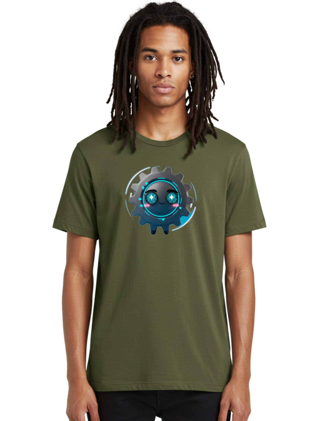Gear-Character Men'S Graphic Tee, 100% Cotton, Comfortable Casual Summer Wear, Machine Washable, Futuristic Gear, Robotic Character, Mechanical Eyes, Neon Lights, Cybernetic Design, Futuristic Technology, Innovation, Artificial Intelligence, Bad122