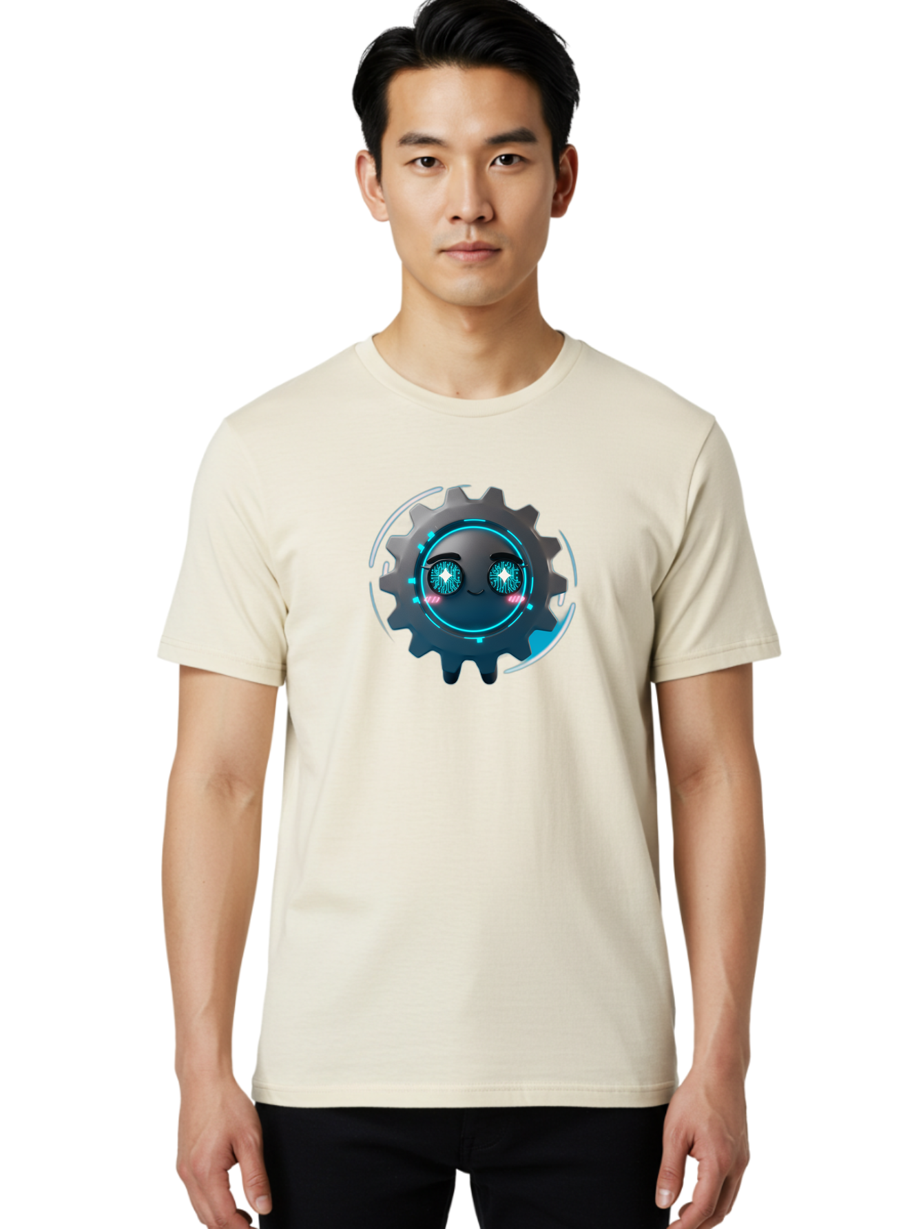 Gear-Character Men'S Graphic Tee, 100% Cotton, Comfortable Casual Summer Wear, Machine Washable, Futuristic Gear, Robotic Character, Mechanical Eyes, Neon Lights, Cybernetic Design, Futuristic Technology, Innovation, Artificial Intelligence, Bad122