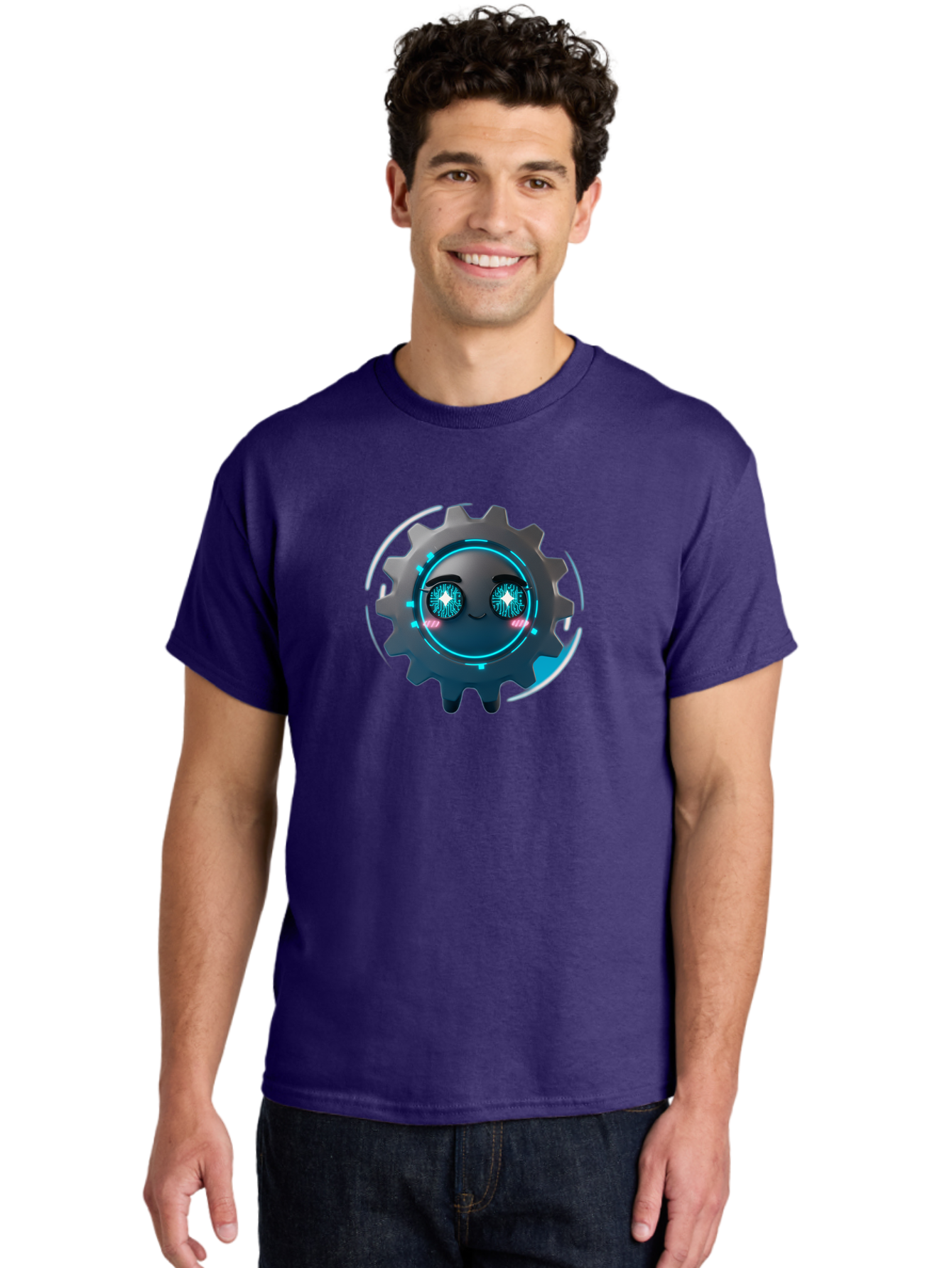 Gear-Character Men'S Graphic Tee, 100% Cotton, Comfortable Casual Summer Wear, Machine Washable, Futuristic Gear, Robotic Character, Mechanical Eyes, Neon Lights, Cybernetic Design, Futuristic Technology, Innovation, Artificial Intelligence, Bad122