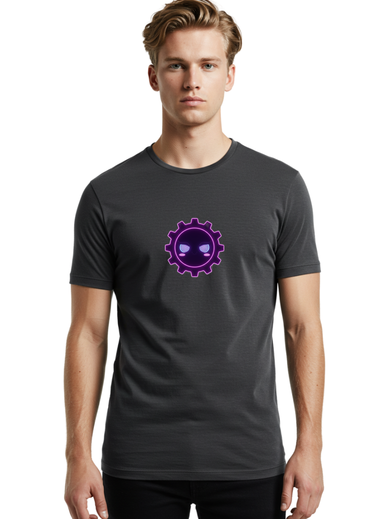 Gear-Face Men'S Graphic Tee, 100% Cotton, Comfortable Casual Summer Wear, Machine Washable, Purple Gear Icon, Futuristic Design, Neon Lights, Cyberpunk Theme, Machinery Symbol, Glowing Eyes, Tech Graphics, Digital Artwork, Mechanical Element Bad124