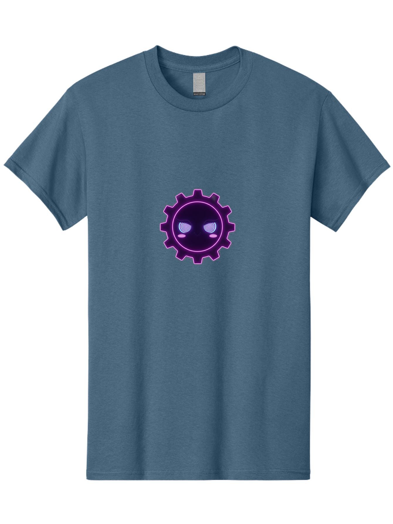 Gear-Face Men'S Graphic Tee, 100% Cotton, Comfortable Casual Summer Wear, Machine Washable, Purple Gear Icon, Futuristic Design, Neon Lights, Cyberpunk Theme, Machinery Symbol, Glowing Eyes, Tech Graphics, Digital Artwork, Mechanical Element Bad124