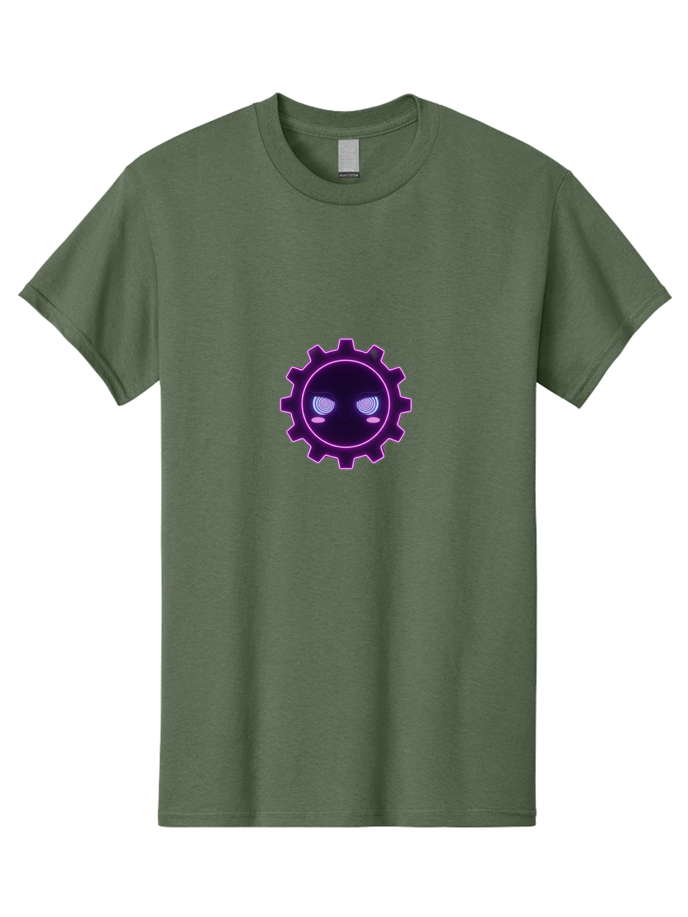 Gear-Face Men'S Graphic Tee, 100% Cotton, Comfortable Casual Summer Wear, Machine Washable, Purple Gear Icon, Futuristic Design, Neon Lights, Cyberpunk Theme, Machinery Symbol, Glowing Eyes, Tech Graphics, Digital Artwork, Mechanical Element Bad124