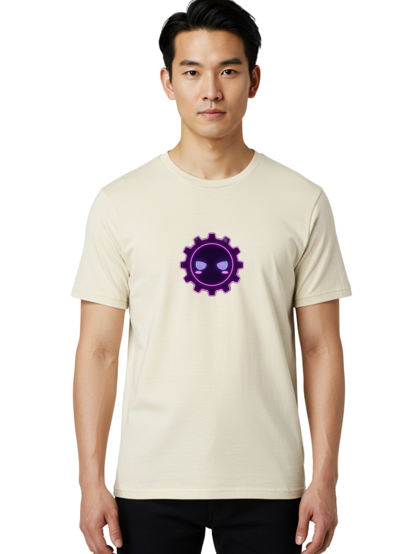 Gear-Face Men'S Graphic Tee, 100% Cotton, Comfortable Casual Summer Wear, Machine Washable, Purple Gear Icon, Futuristic Design, Neon Lights, Cyberpunk Theme, Machinery Symbol, Glowing Eyes, Tech Graphics, Digital Artwork, Mechanical Element Bad124