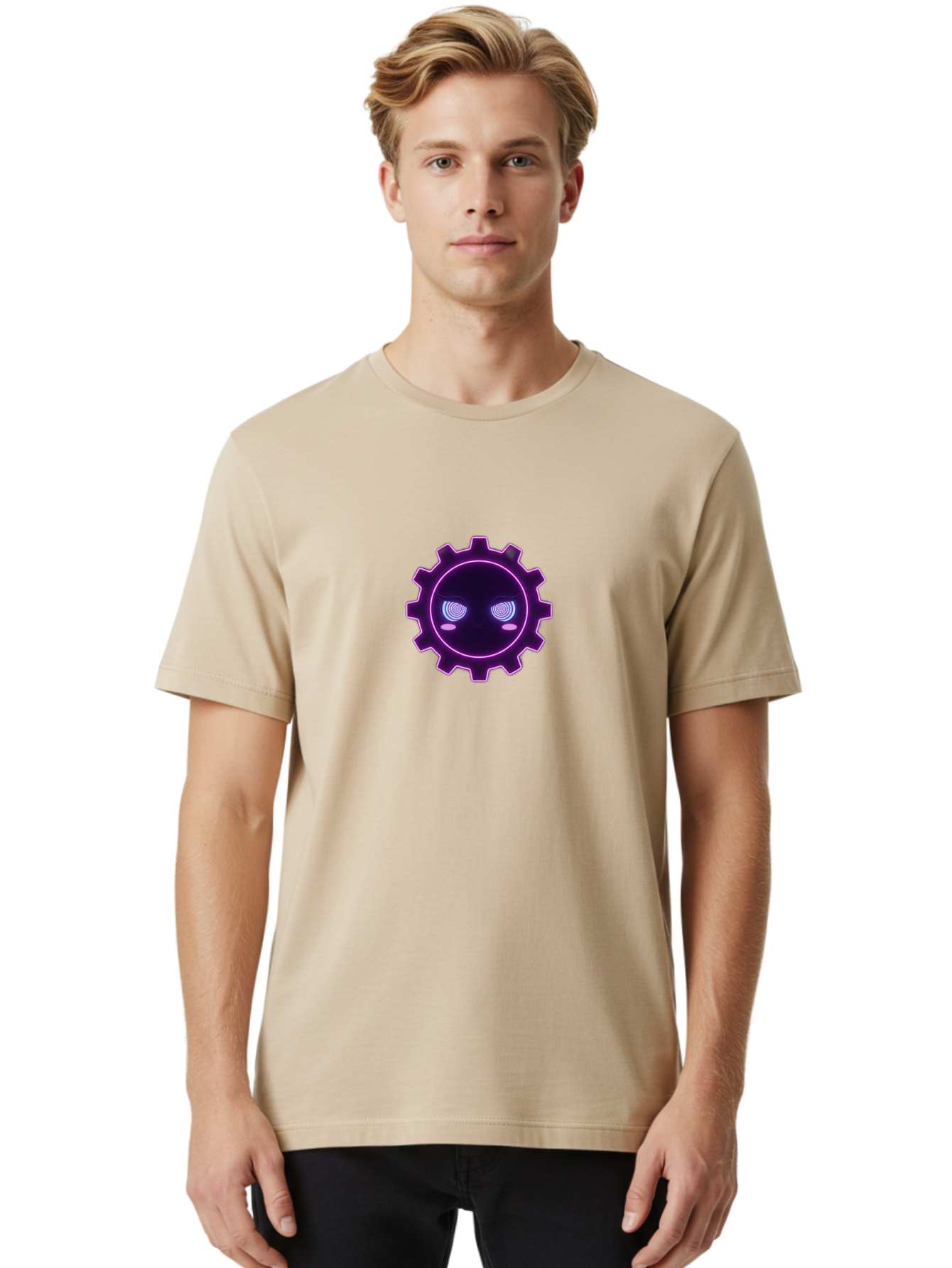Gear-Face Men'S Graphic Tee, 100% Cotton, Comfortable Casual Summer Wear, Machine Washable, Purple Gear Icon, Futuristic Design, Neon Lights, Cyberpunk Theme, Machinery Symbol, Glowing Eyes, Tech Graphics, Digital Artwork, Mechanical Element Bad124