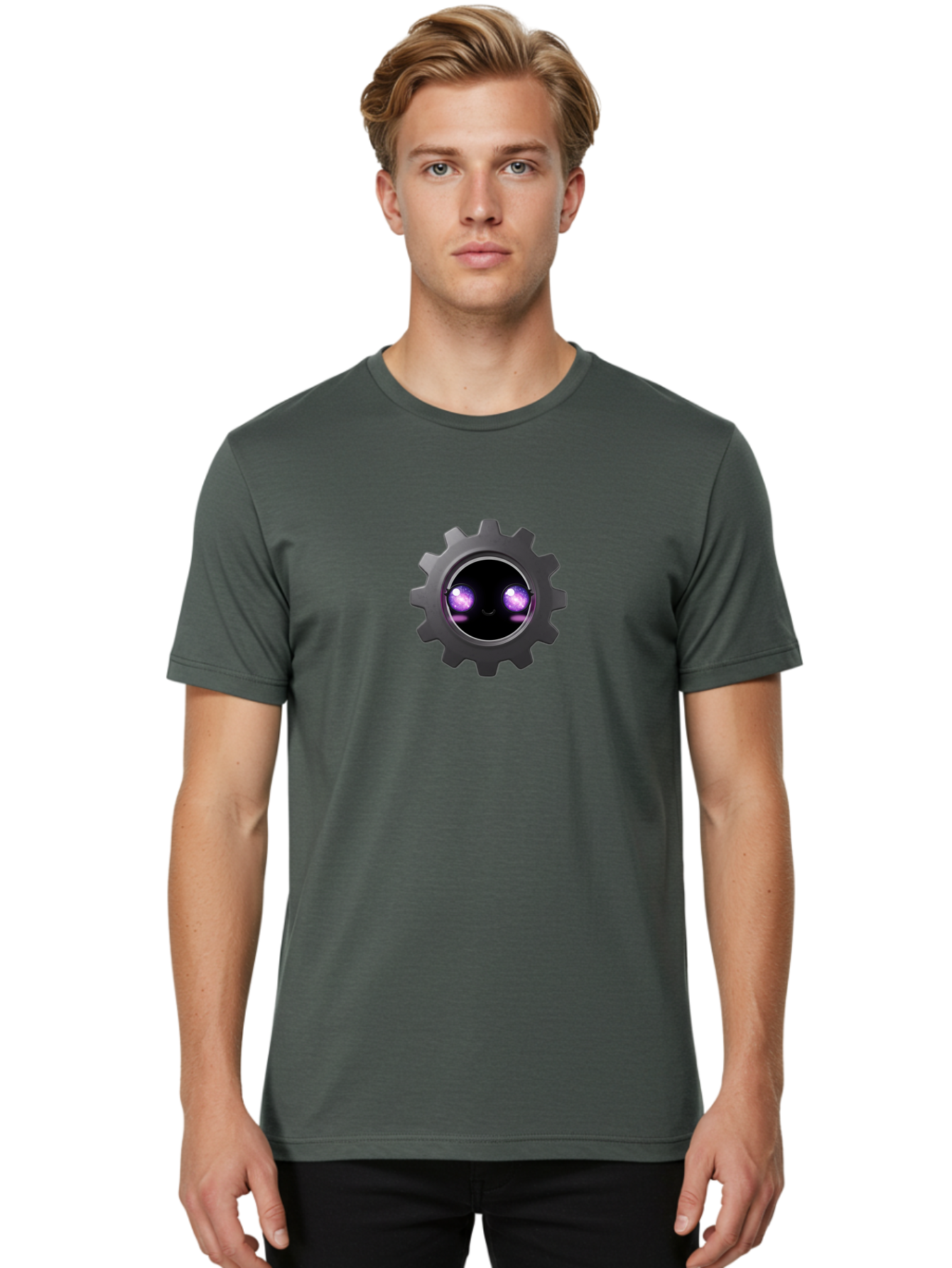 Gear-Robot-Face Men'S Graphic Tee, 100% Cotton, Comfortable Casual Summer Wear, Machine Washable, Industrial Gear, Mechanical Face, Glowing Purple Eyes, Robotics, Futuristic Machinery, Tech Innovation, Mechanical Engineering, Cybernetic Design Bad125