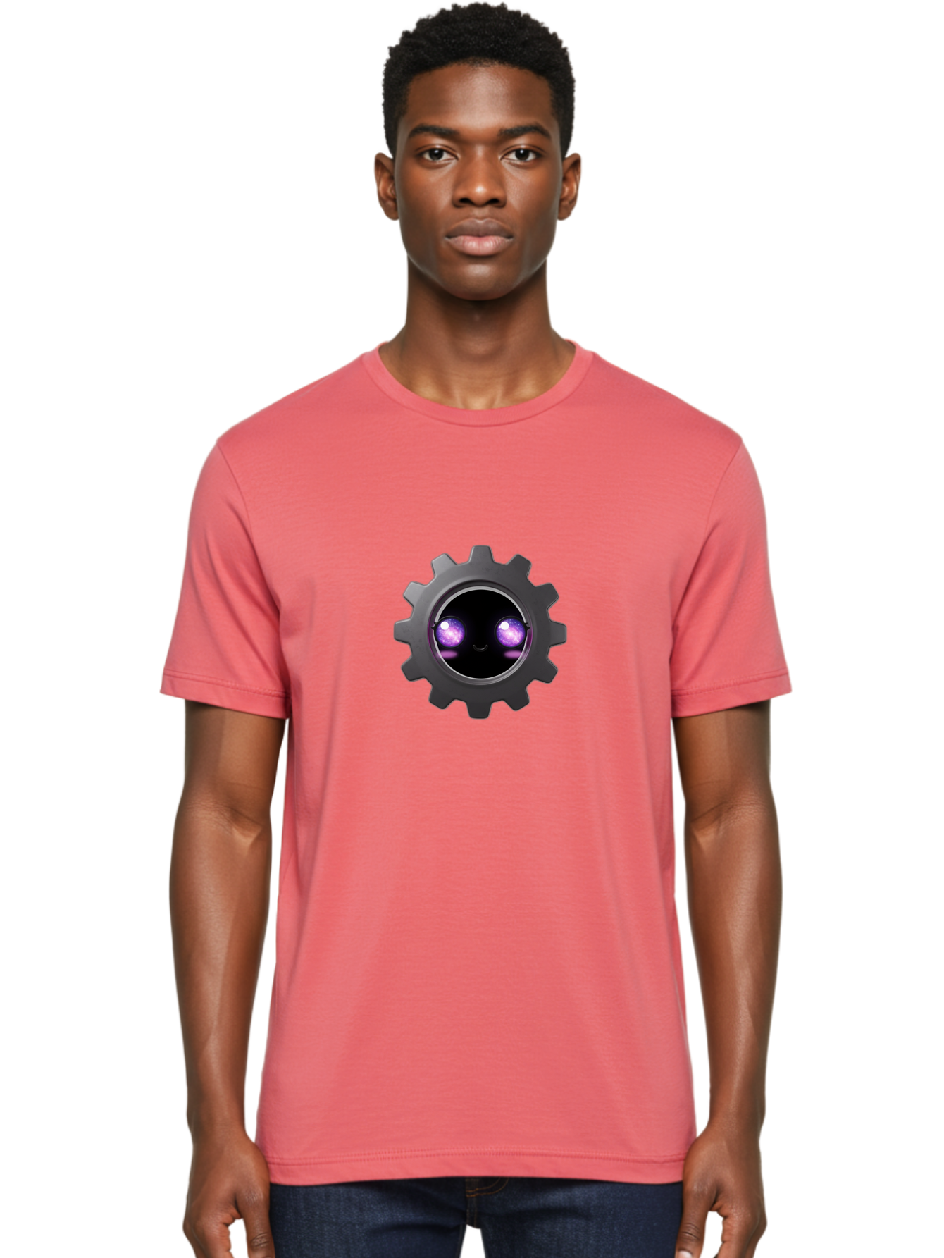 Gear-Robot-Face Men'S Graphic Tee, 100% Cotton, Comfortable Casual Summer Wear, Machine Washable, Industrial Gear, Mechanical Face, Glowing Purple Eyes, Robotics, Futuristic Machinery, Tech Innovation, Mechanical Engineering, Cybernetic Design Bad125