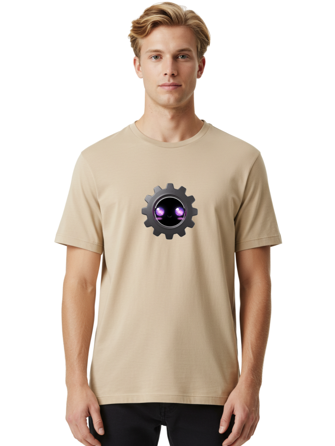Gear-Robot-Face Men'S Graphic Tee, 100% Cotton, Comfortable Casual Summer Wear, Machine Washable, Industrial Gear, Mechanical Face, Glowing Purple Eyes, Robotics, Futuristic Machinery, Tech Innovation, Mechanical Engineering, Cybernetic Design Bad125
