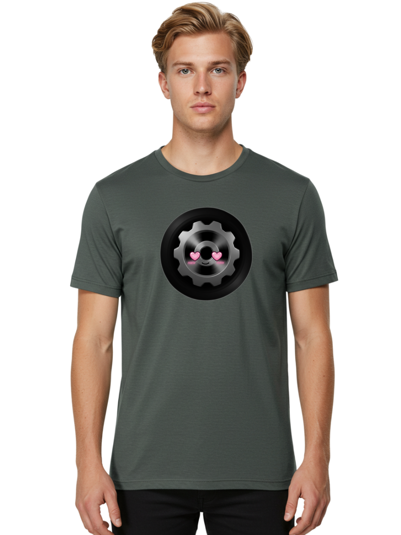 Gear Men'S Graphic Tee, 100% Cotton, Comfortable Casual Summer Wear, Machine Washable, Metal Gear, Heart Eyes, Love Symbol, Romantic Machinery, Cute Robotics, Heart-Shaped Eyes, Mechanical Love, Tech Emoticon Bad126