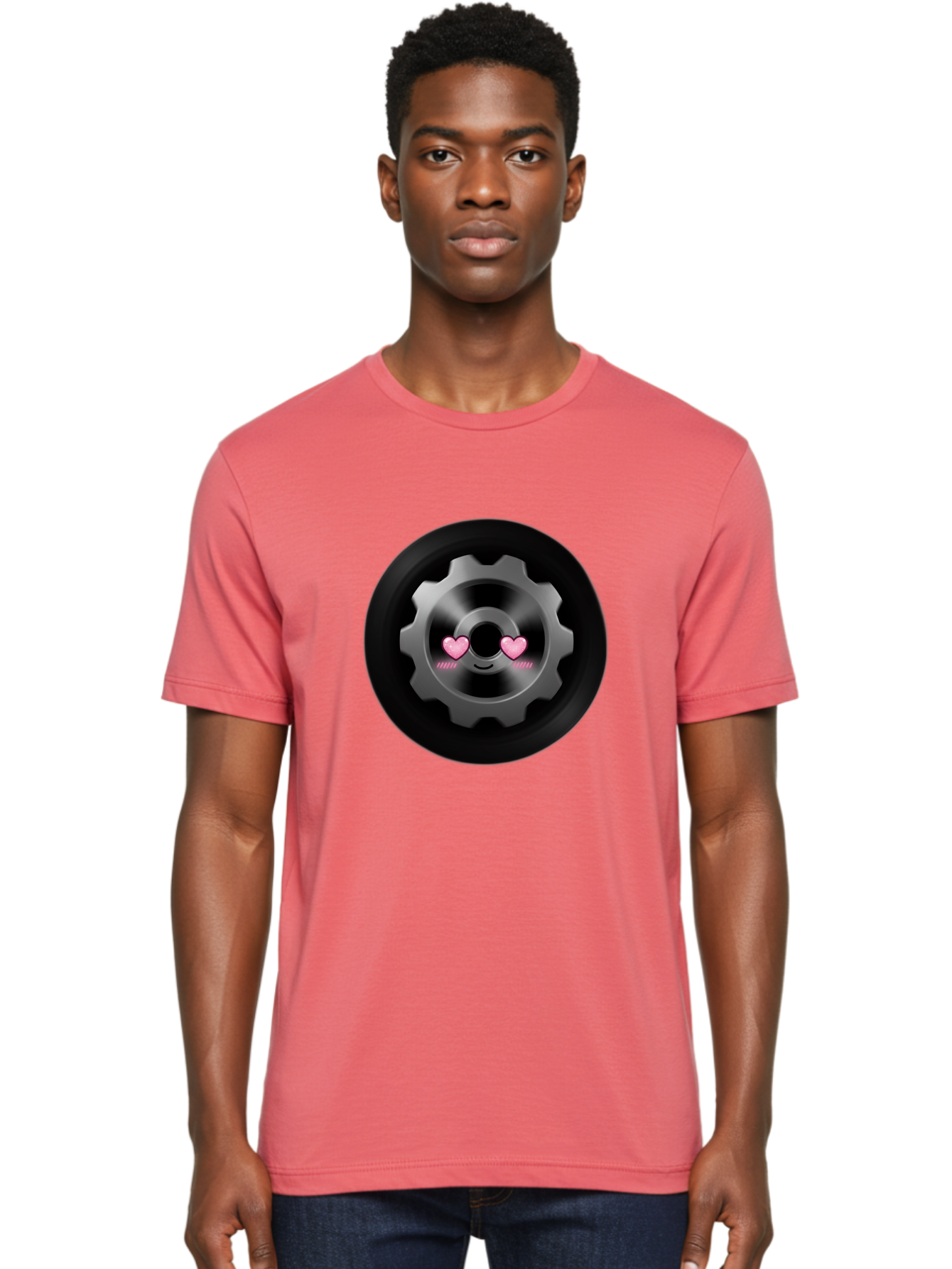 Gear Men'S Graphic Tee, 100% Cotton, Comfortable Casual Summer Wear, Machine Washable, Metal Gear, Heart Eyes, Love Symbol, Romantic Machinery, Cute Robotics, Heart-Shaped Eyes, Mechanical Love, Tech Emoticon Bad126