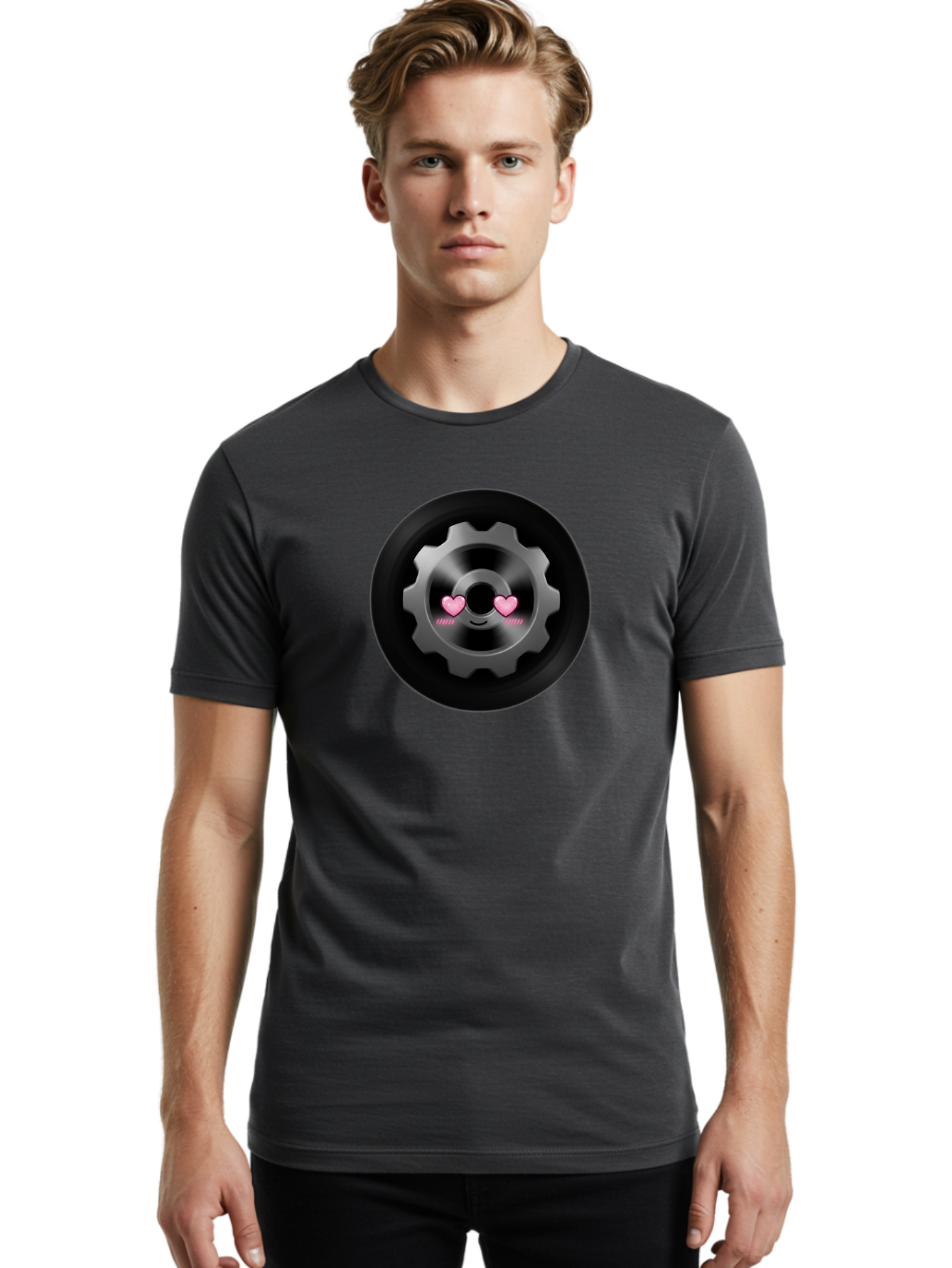 Gear Men'S Graphic Tee, 100% Cotton, Comfortable Casual Summer Wear, Machine Washable, Metal Gear, Heart Eyes, Love Symbol, Romantic Machinery, Cute Robotics, Heart-Shaped Eyes, Mechanical Love, Tech Emoticon Bad126
