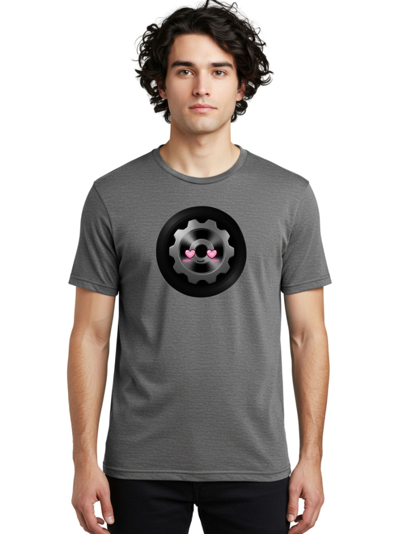 Gear Men'S Graphic Tee, 100% Cotton, Comfortable Casual Summer Wear, Machine Washable, Metal Gear, Heart Eyes, Love Symbol, Romantic Machinery, Cute Robotics, Heart-Shaped Eyes, Mechanical Love, Tech Emoticon Bad126
