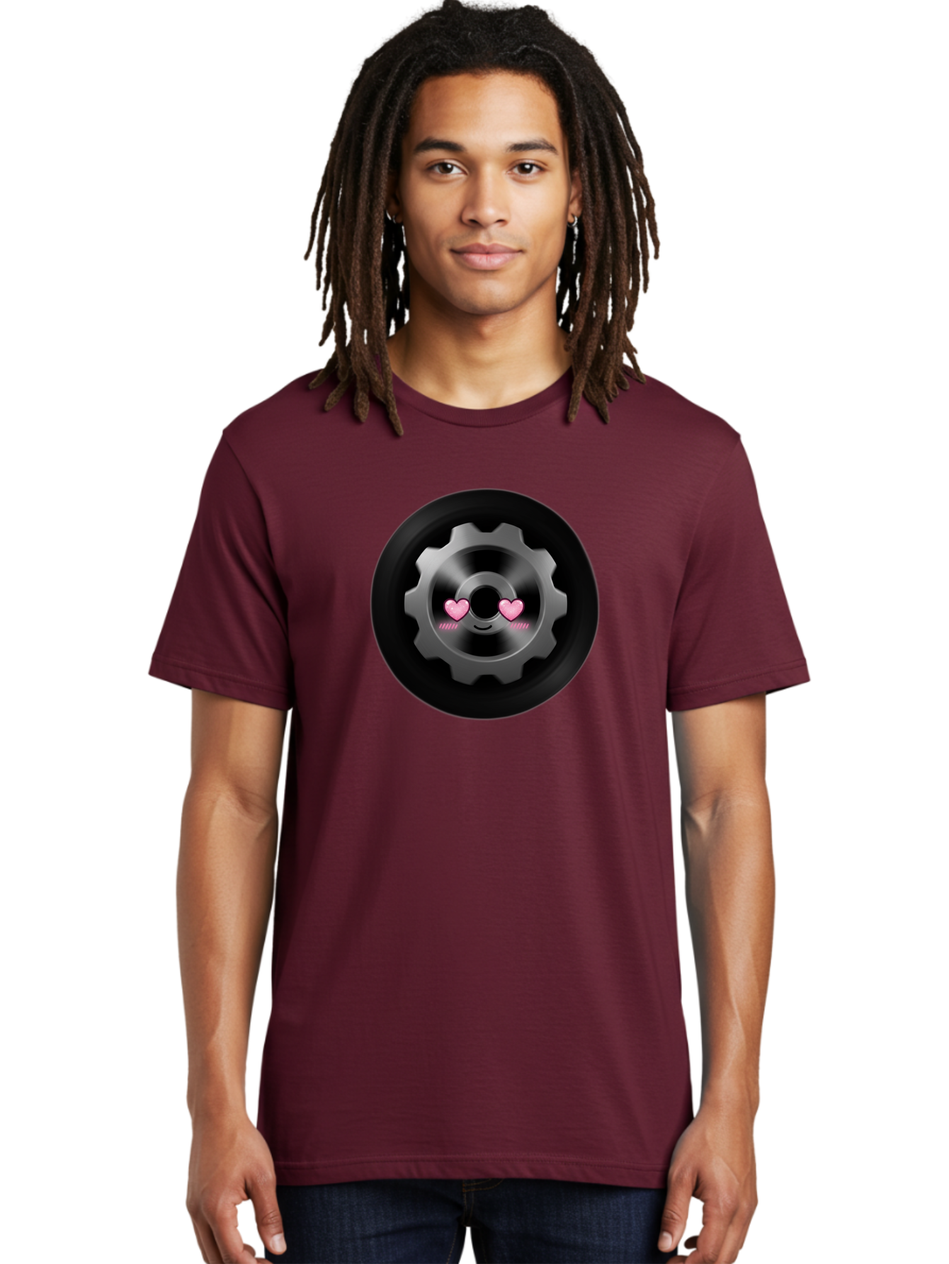 Gear Men'S Graphic Tee, 100% Cotton, Comfortable Casual Summer Wear, Machine Washable, Metal Gear, Heart Eyes, Love Symbol, Romantic Machinery, Cute Robotics, Heart-Shaped Eyes, Mechanical Love, Tech Emoticon Bad126