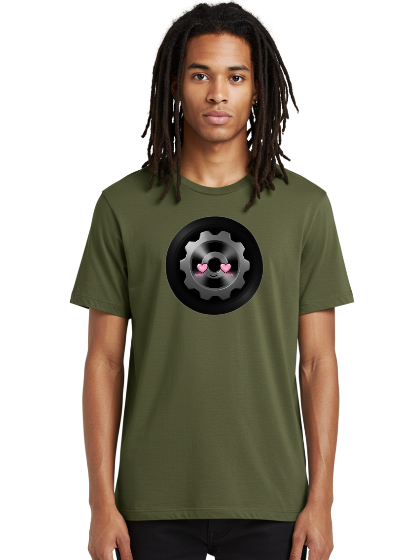 Gear Men'S Graphic Tee, 100% Cotton, Comfortable Casual Summer Wear, Machine Washable, Metal Gear, Heart Eyes, Love Symbol, Romantic Machinery, Cute Robotics, Heart-Shaped Eyes, Mechanical Love, Tech Emoticon Bad126